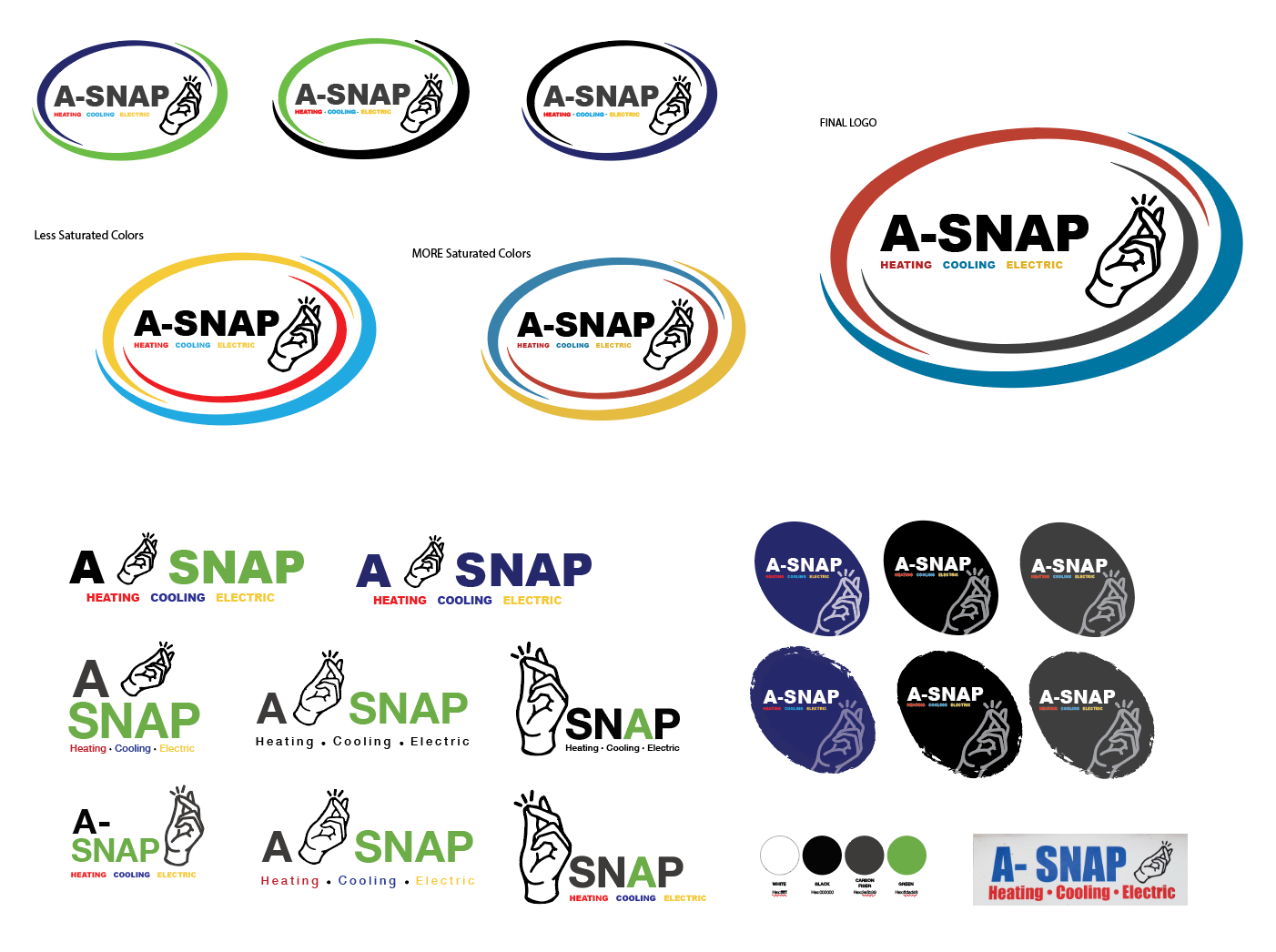 Their original logo needed a refresh (botton right). So, we explored many options that would help them stand out from competitors. They wanted to keep their snapping hand icon, as it was the staple image of their branding.