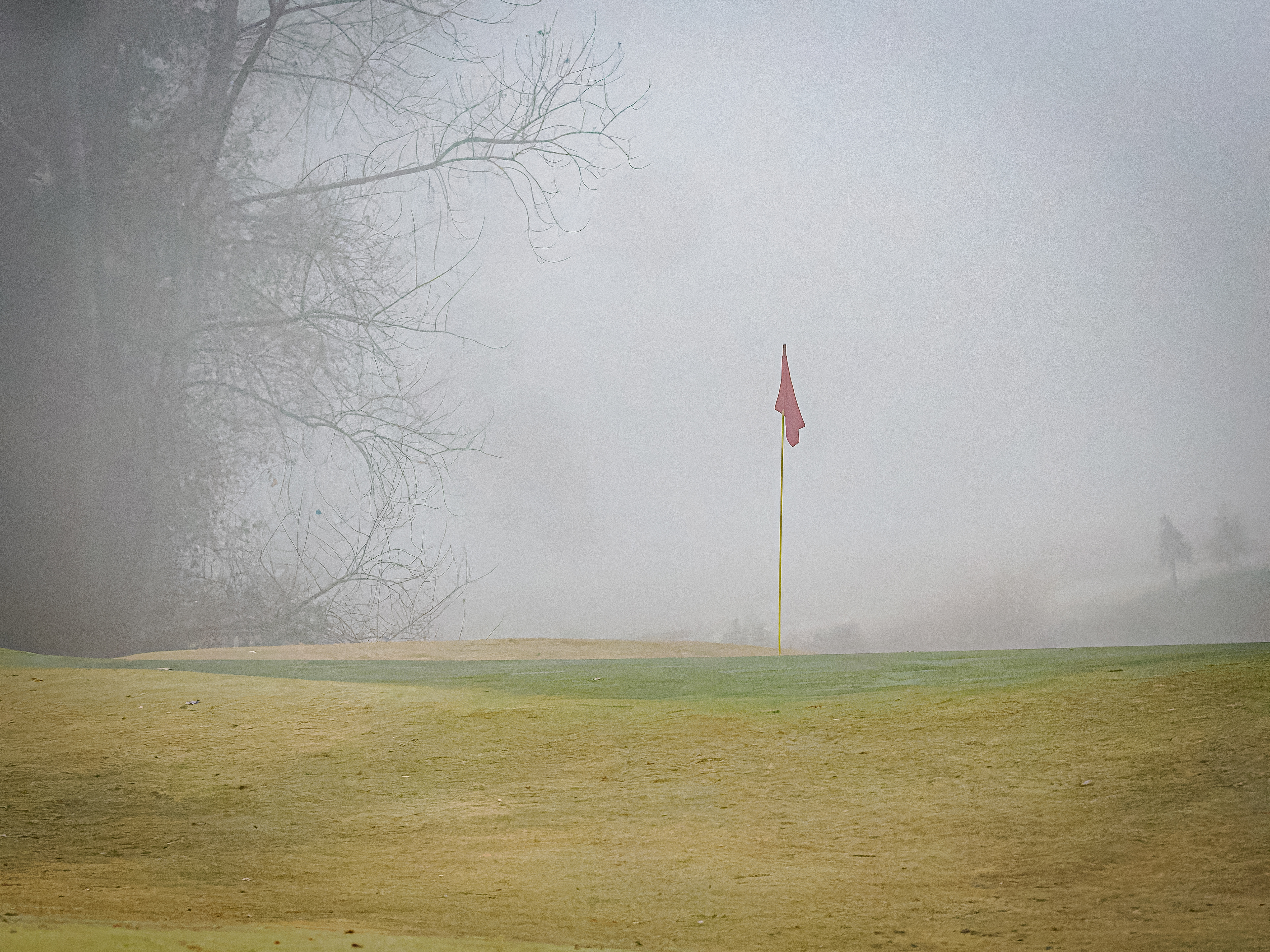 13th green in fog at Traditions Golf and Country Club in Jefferson Georgia.
