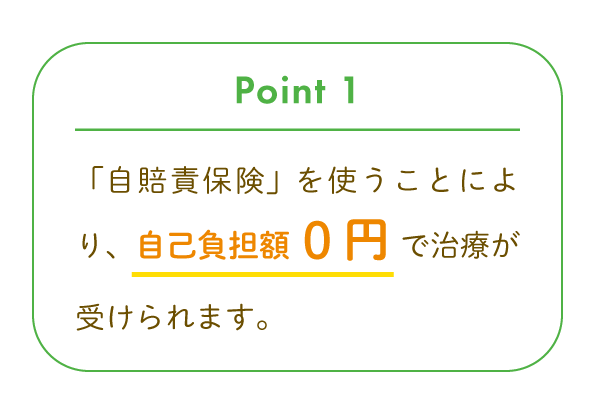 Point 1 「自賠責保険」を使うことにより、自己負担額 0円で治療が受けられます。