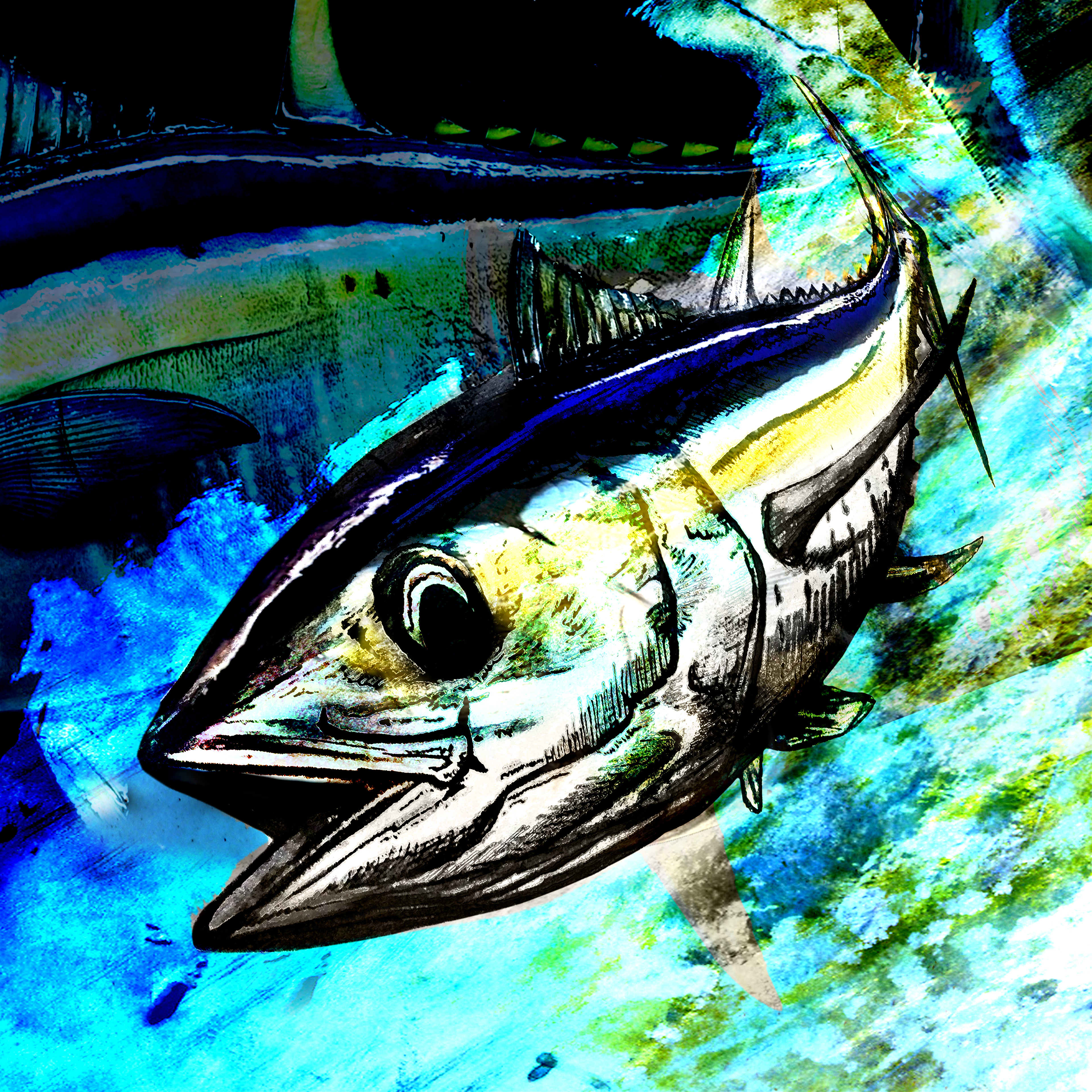 blackfin tuna chasing ballyhoo in the gulf of mexico off the coast of Sarasota, Florida painted by local mixed media artist Pete Olszak of Venice, Florida