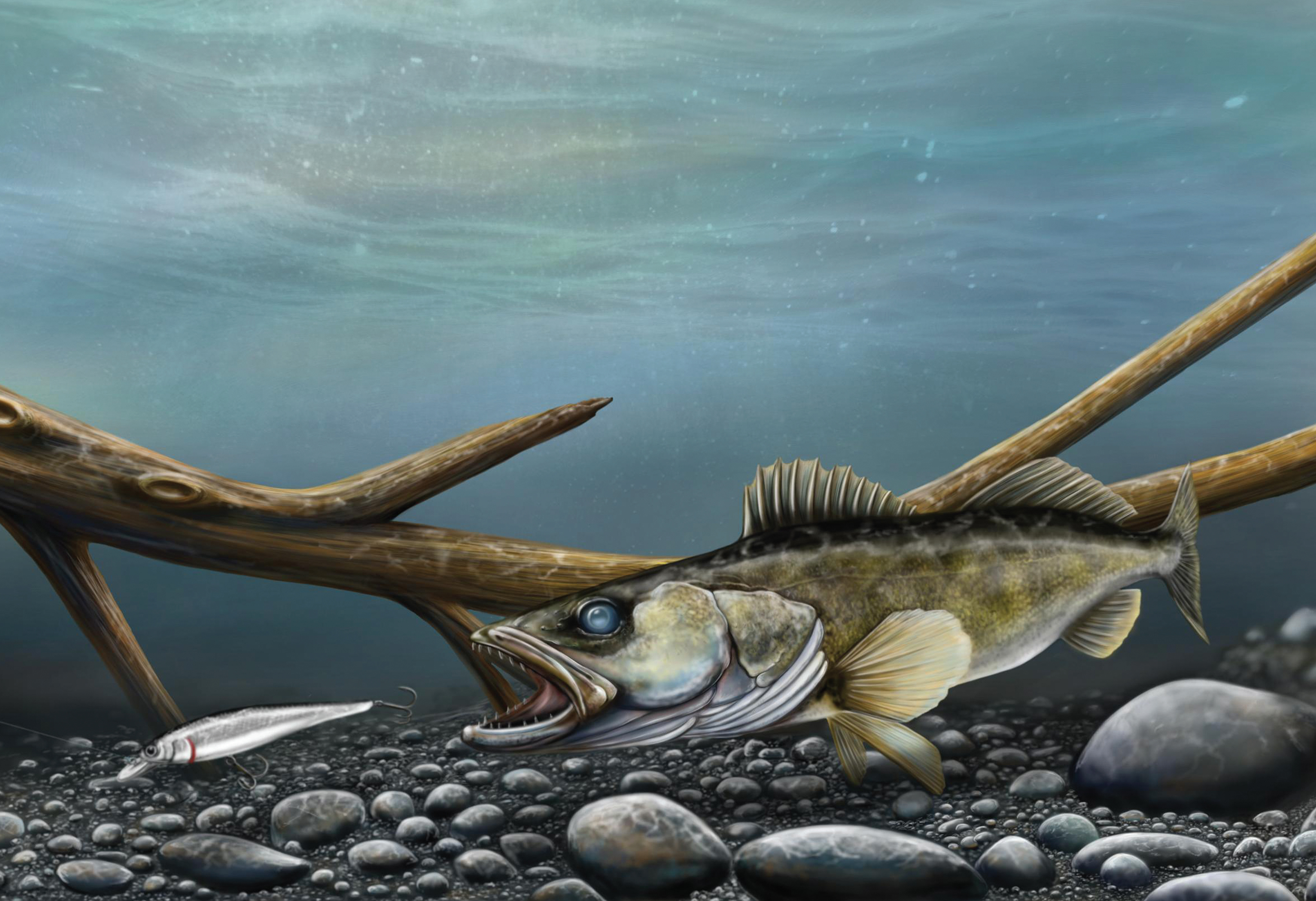 Painting of a Walleye chasing a Rapala in Lake Erie painted by local mixed media artist Pete Olszak of Venice, Florida