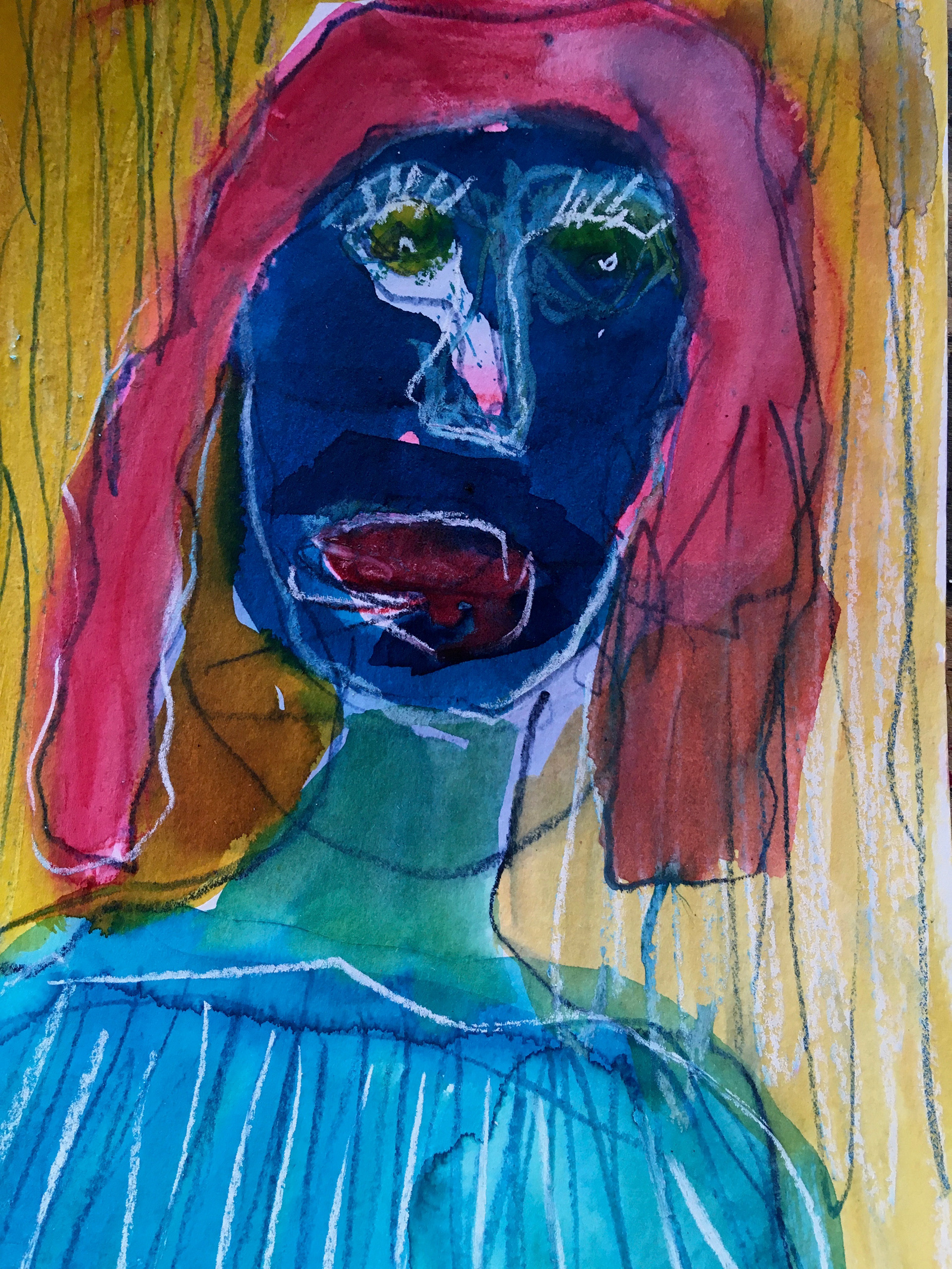 Put on you're party face, 2022, mixed media on paper, 20.5cm x 14cm