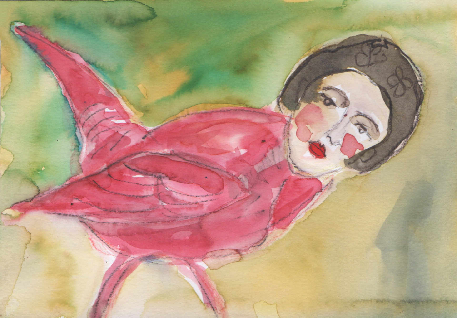 Frida as a bird, watercolour and ink pencil on paper, 121cm x 14.5cm