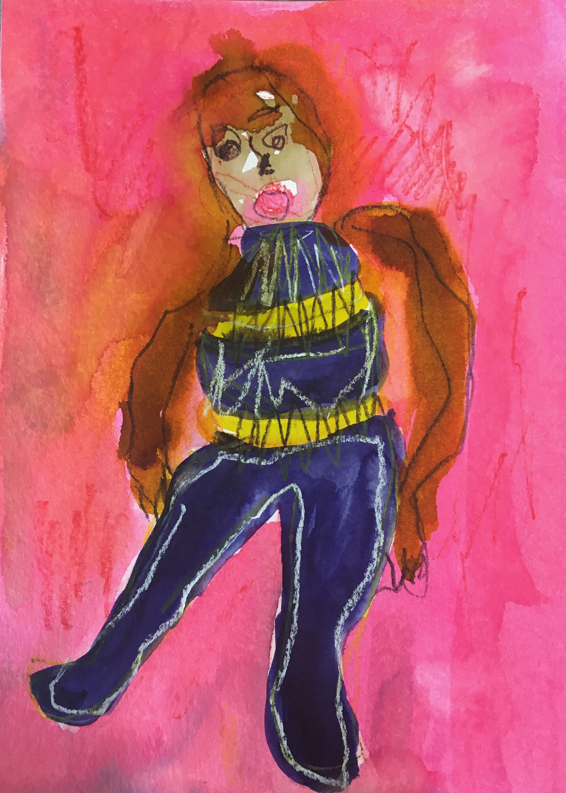The doll sees it all, 2022, watercolour and ink pencil on paper, 14.5cm x 21cm
