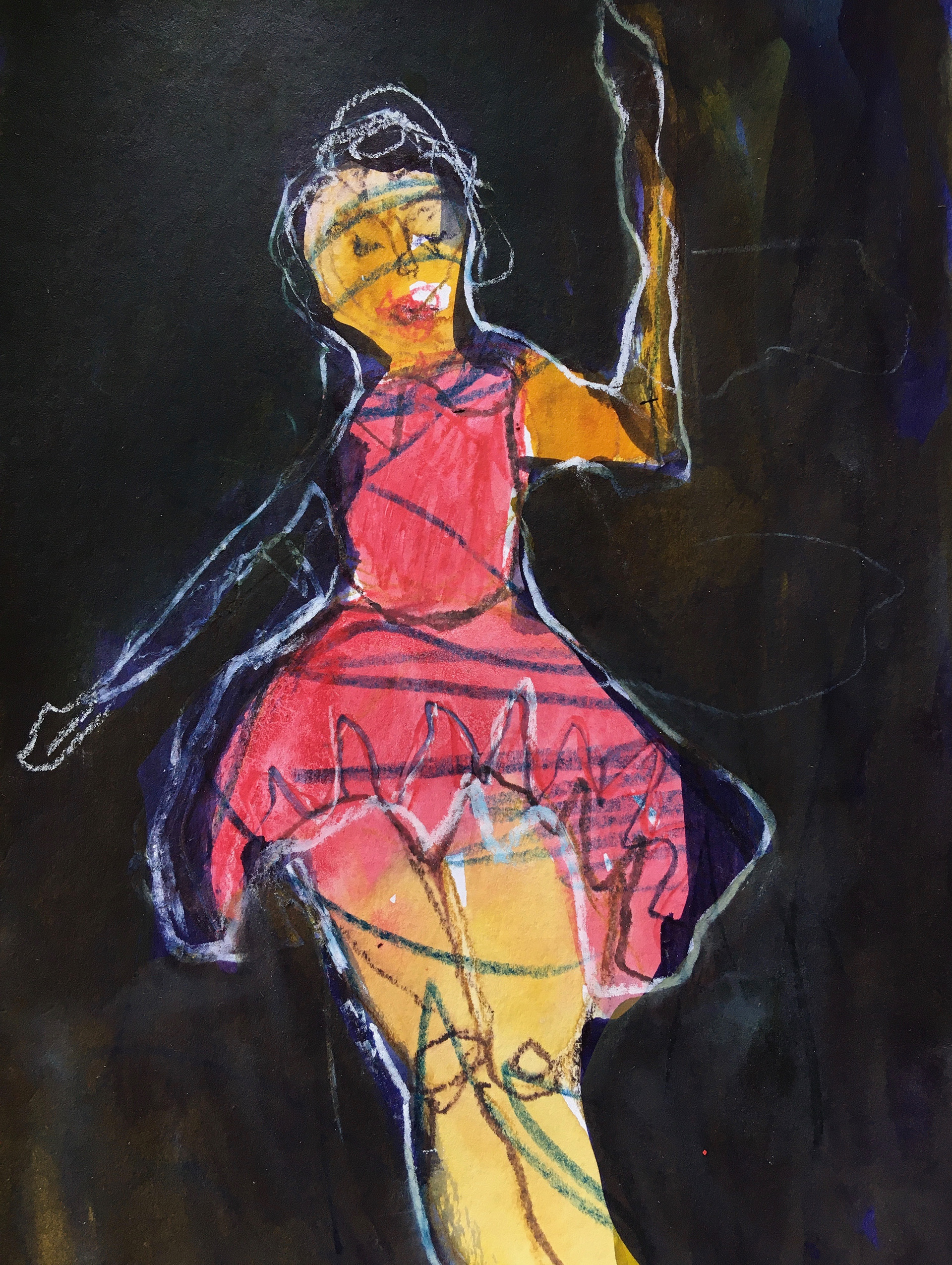 Like a puppet on a string, 2022, Mixed media on paper, 20cm x 14cm