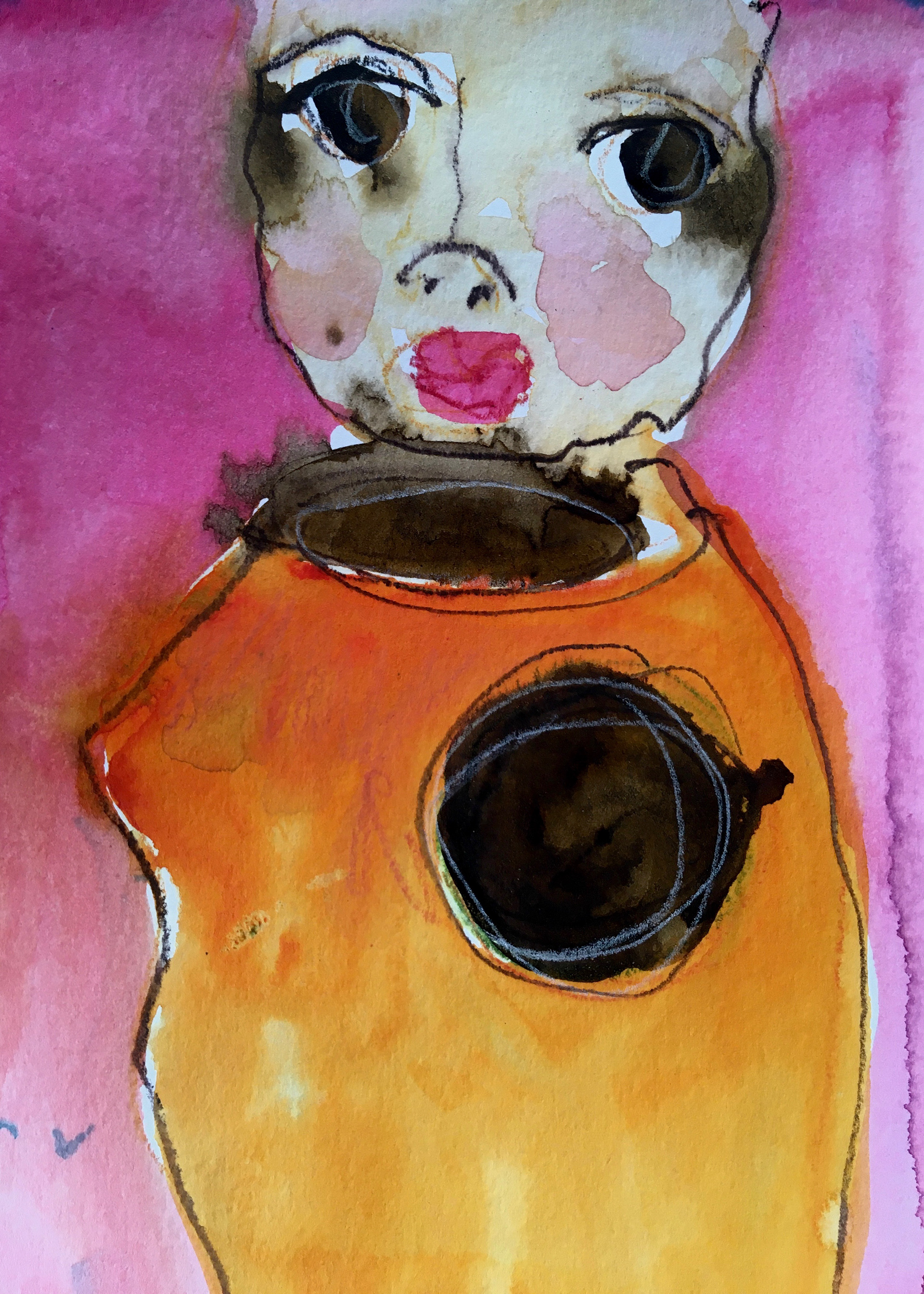 Doll discarded, 2022, watercolour and ink pencil on paper, 14.5cm x 21cm