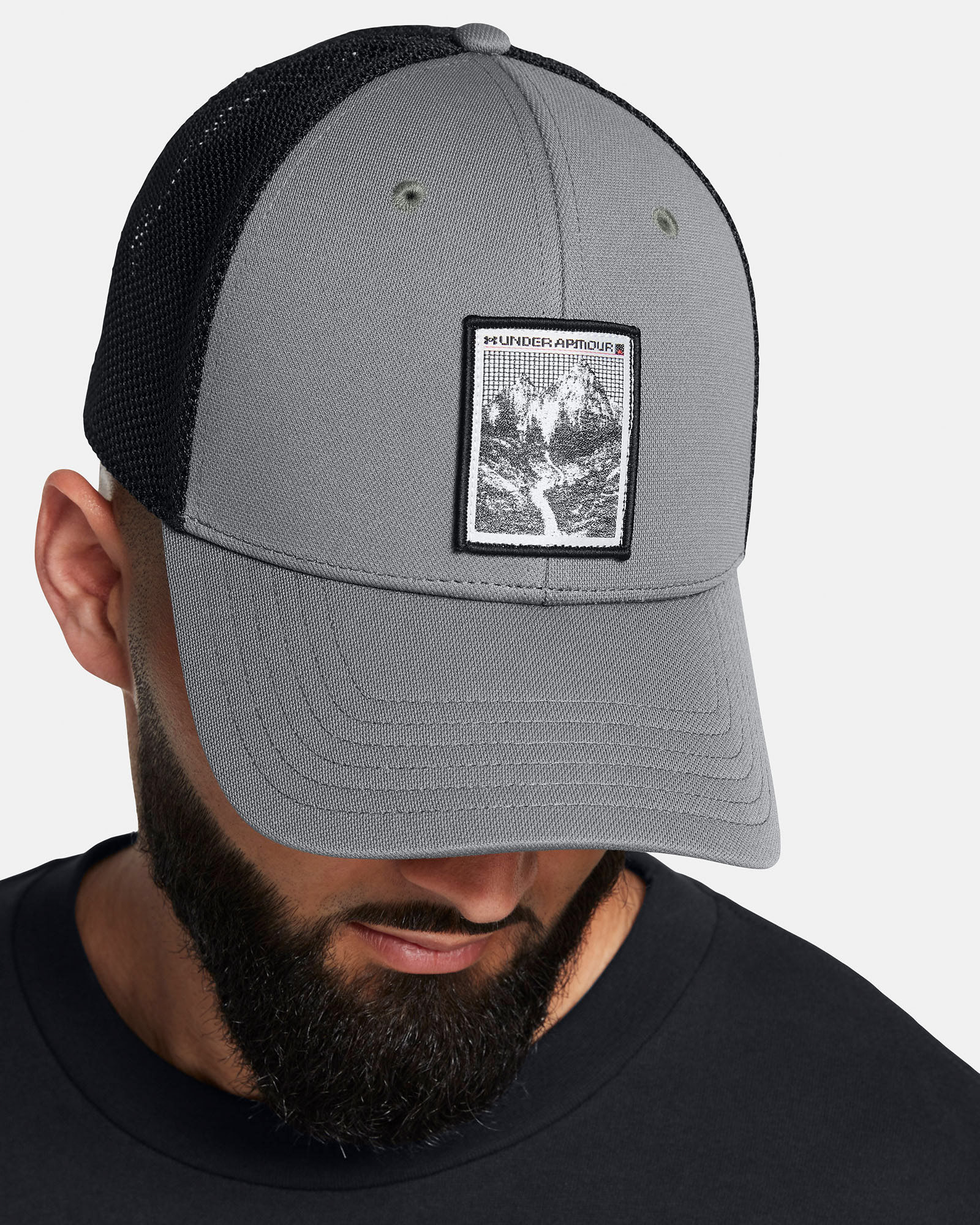 Muhammad Abbasi | Under Armour | Hats & Accessories | Grey and black hat with mountain patch, black crew neck t-shirt