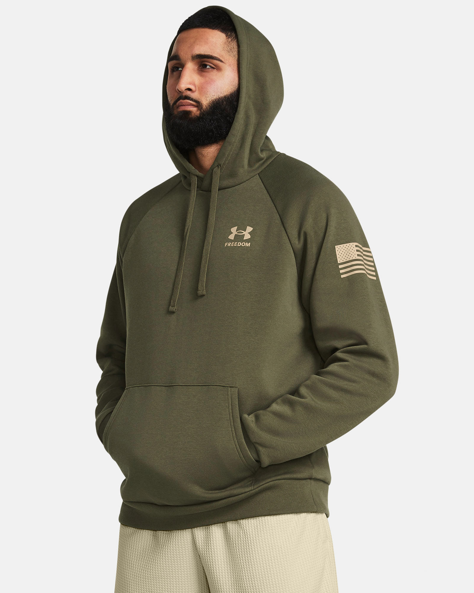 Muhammad Abbasi | Under Armour | Ecom Shoot | Olive hoodie with American flag sleeve patch
