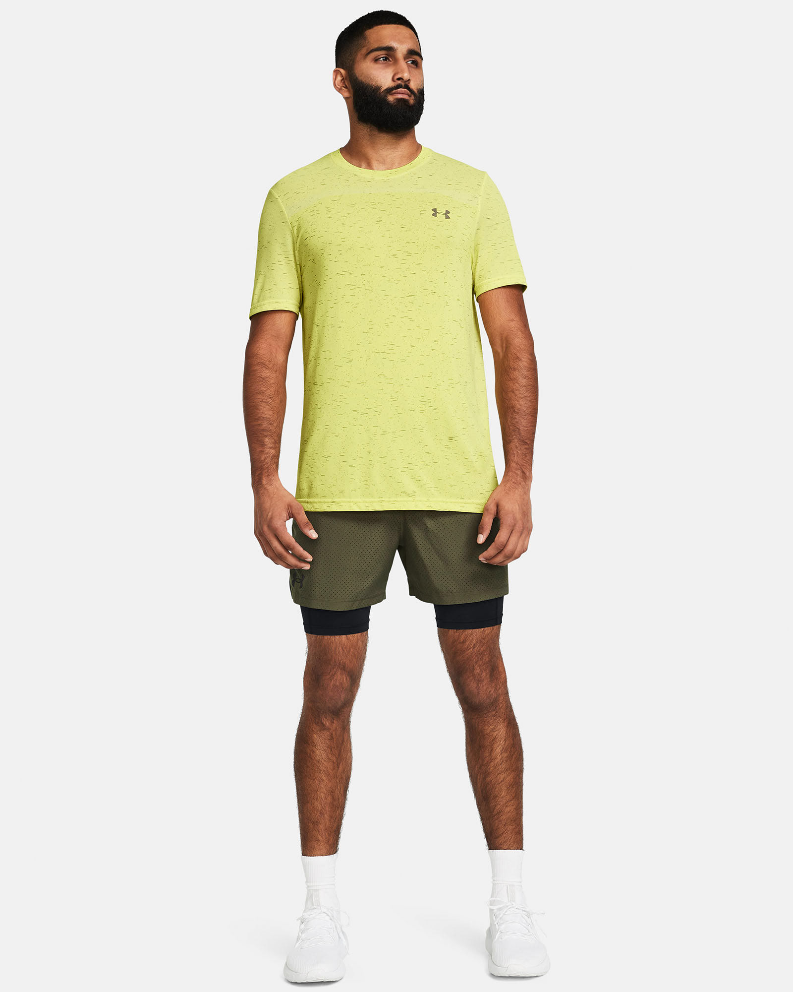 Muhammad Abbasi | Under Armour | Ecom Shoot | Light yellow speckled tee with olive shorts