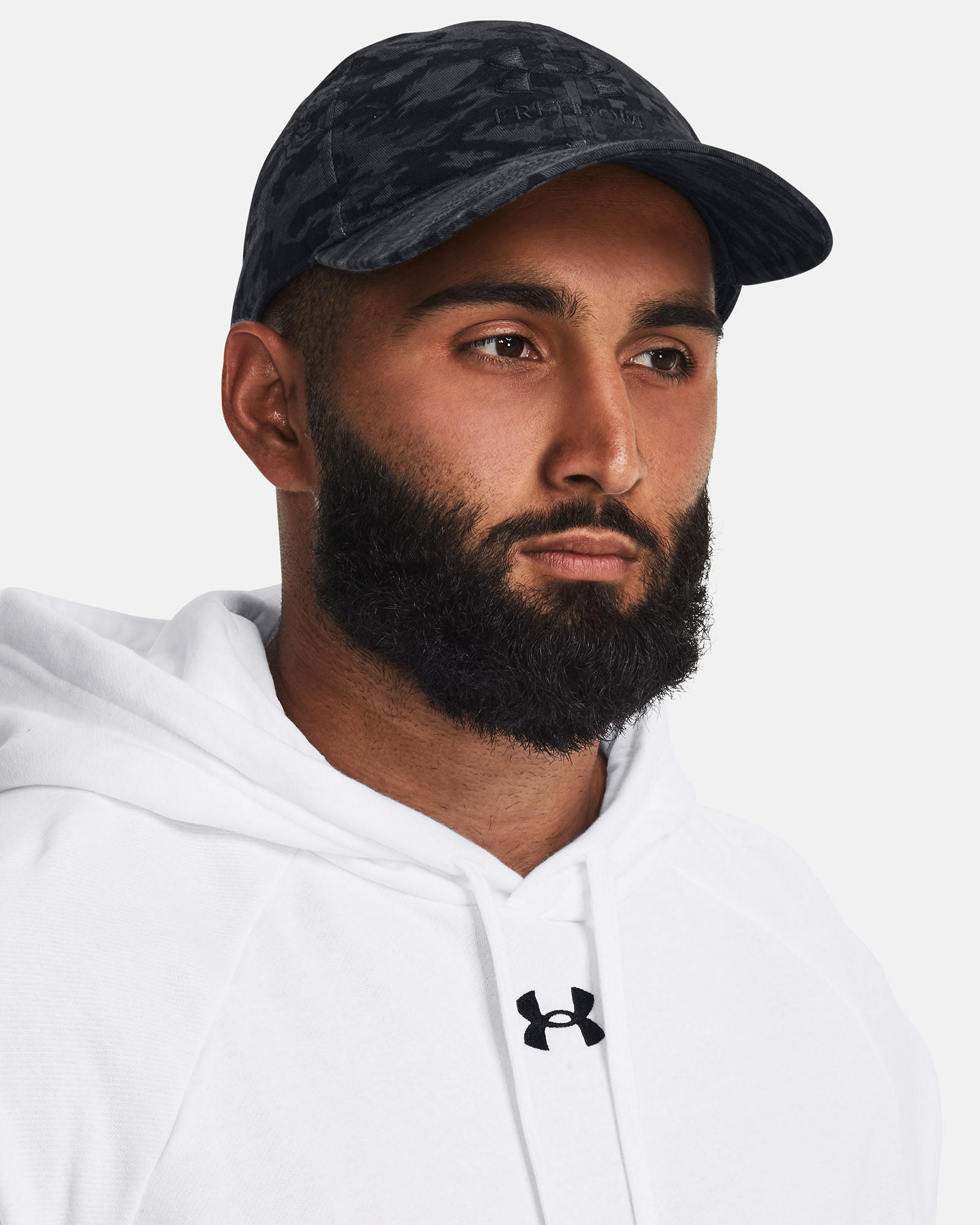 Muhammad Abbasi | Under Armour | Hats & Accessories | Black camo hat, white hoodie