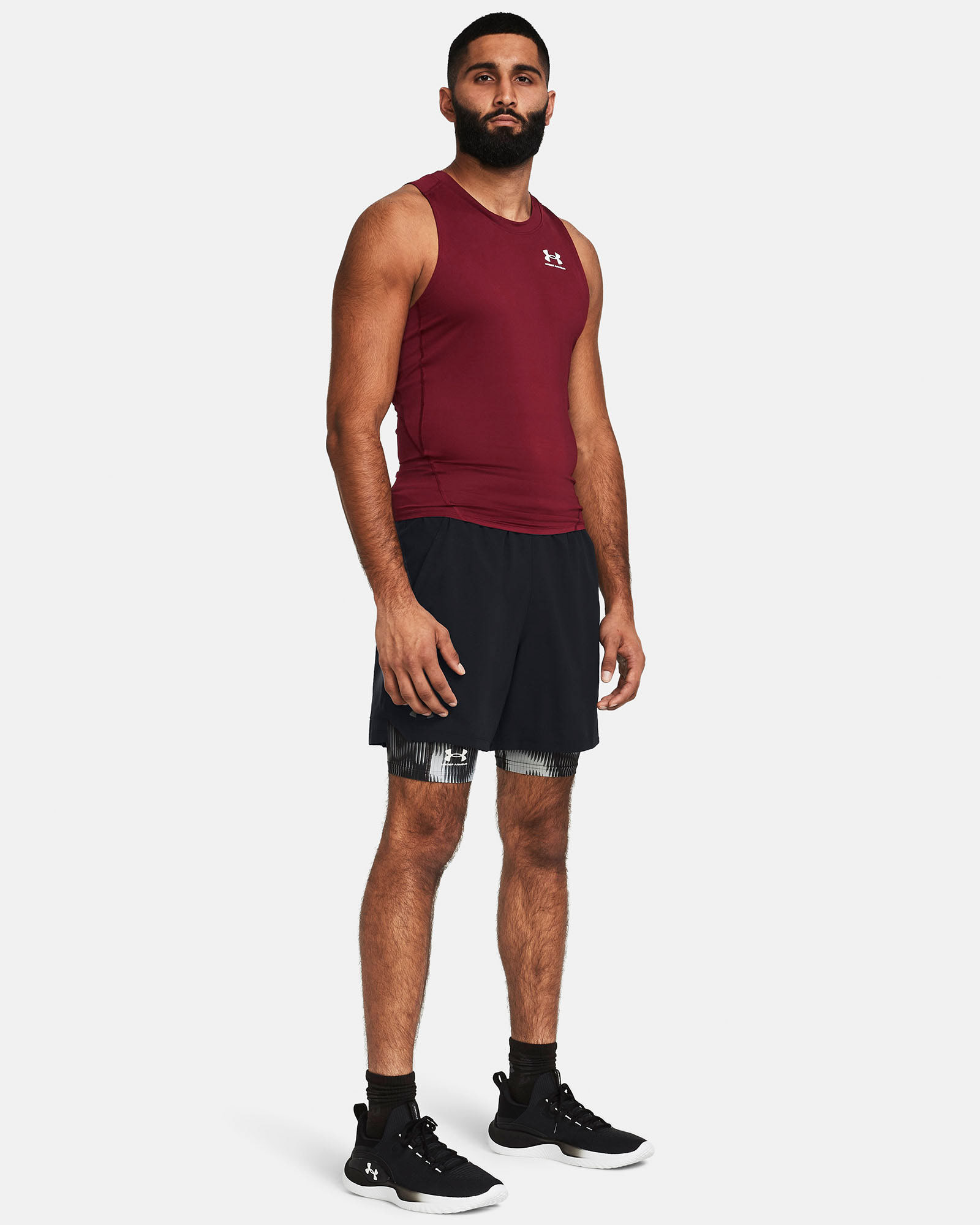 Muhammad Abbasi | Under Armour | Ecom Shoot | Red compression tank top with black shorts 
