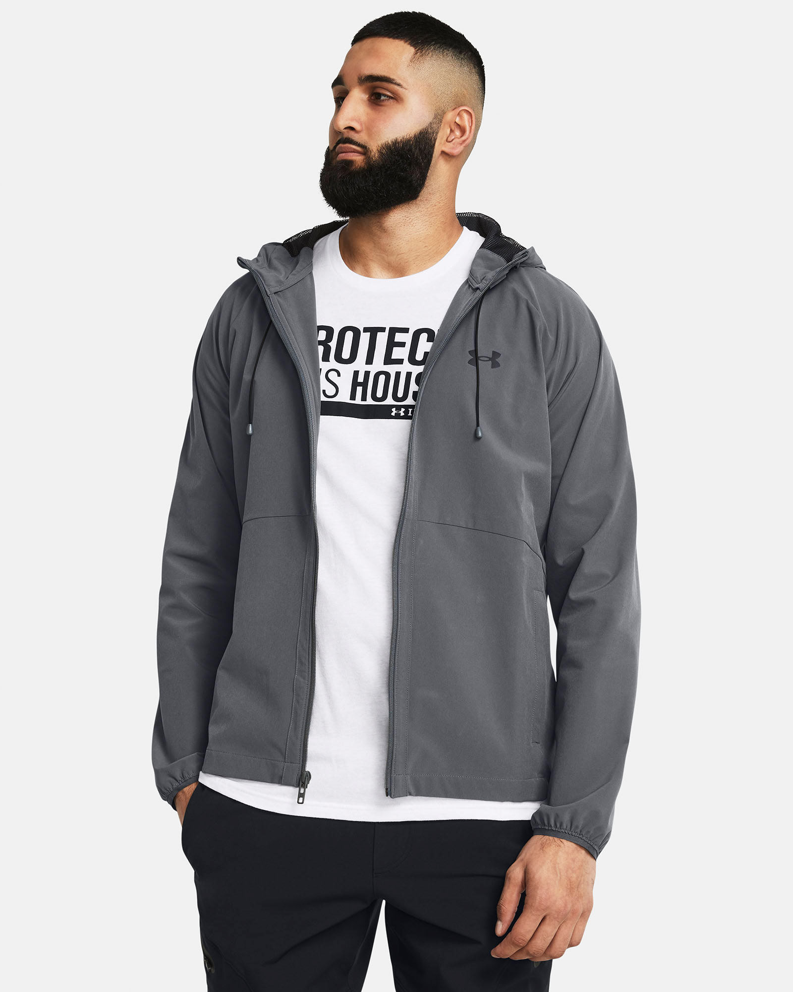 Muhammad Abbasi | Under Armour | Ecom Shoot | Grey jacket with “Protect This House” tee