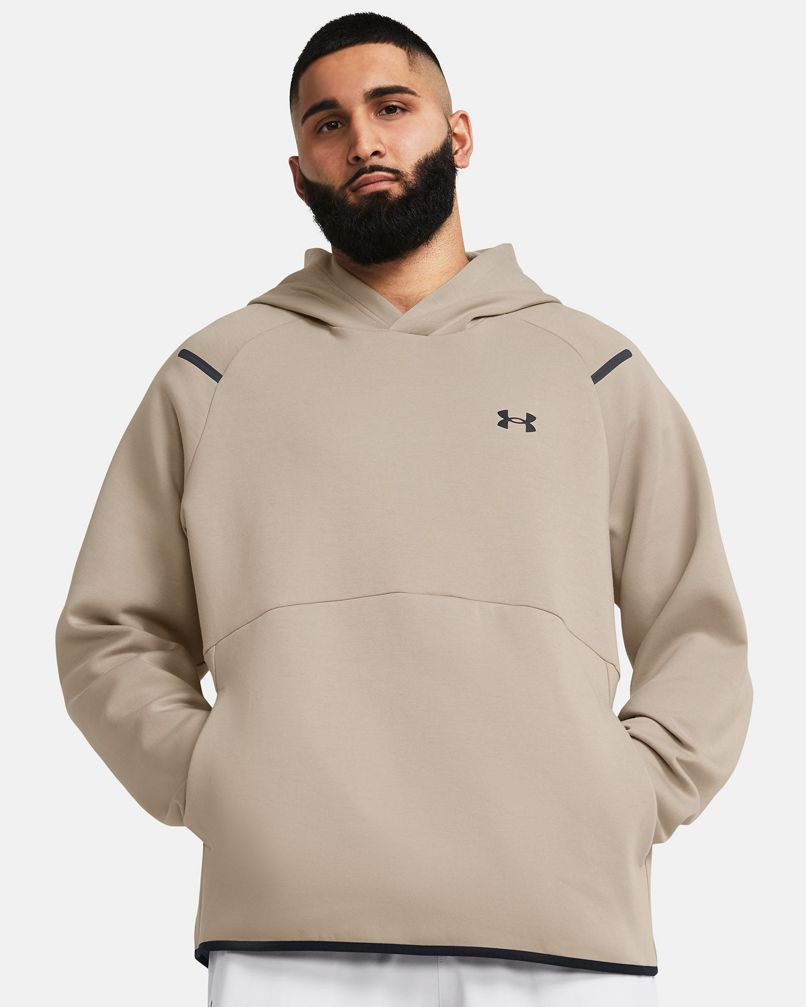 Muhammad Abbasi | Under Armour | Ecom Shoot | Beige hooded pullover with black detailing