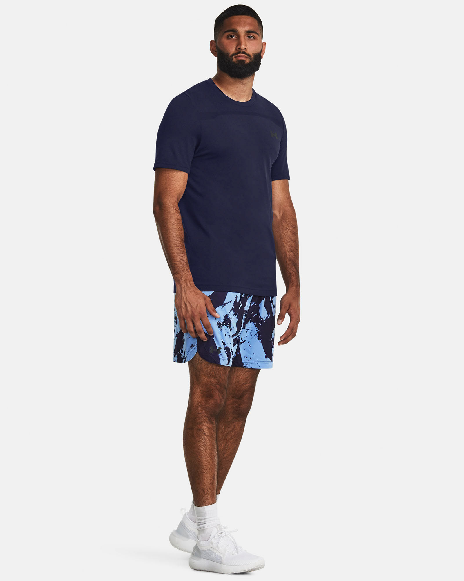 Muhammad Abbasi | Under Armour | Ecom Shoot | Navy tee with blue patterned shorts