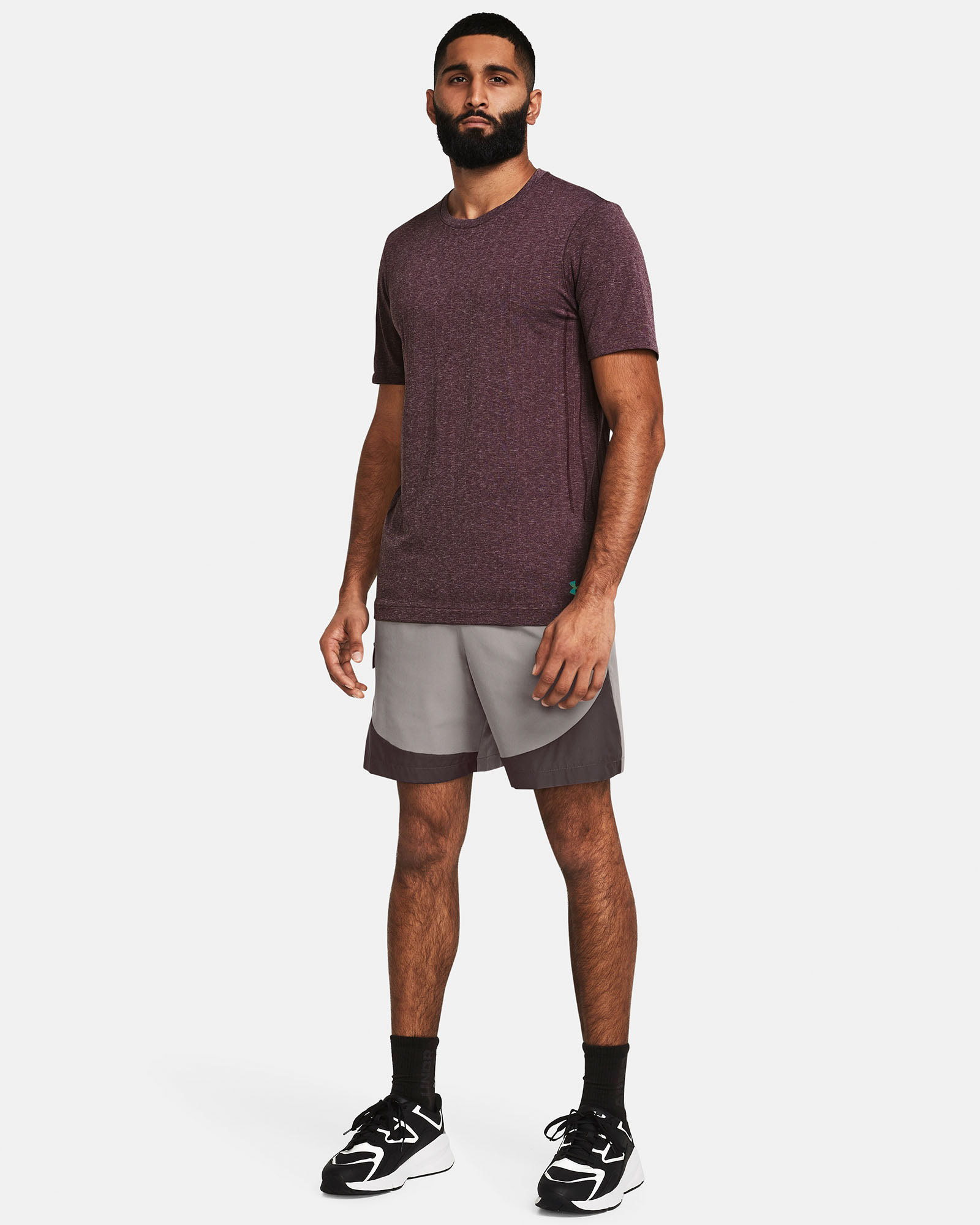 Muhammad Abbasi | Under Armour | Ecom Shoot | Maroon short-sleeve tee with light grey shorts