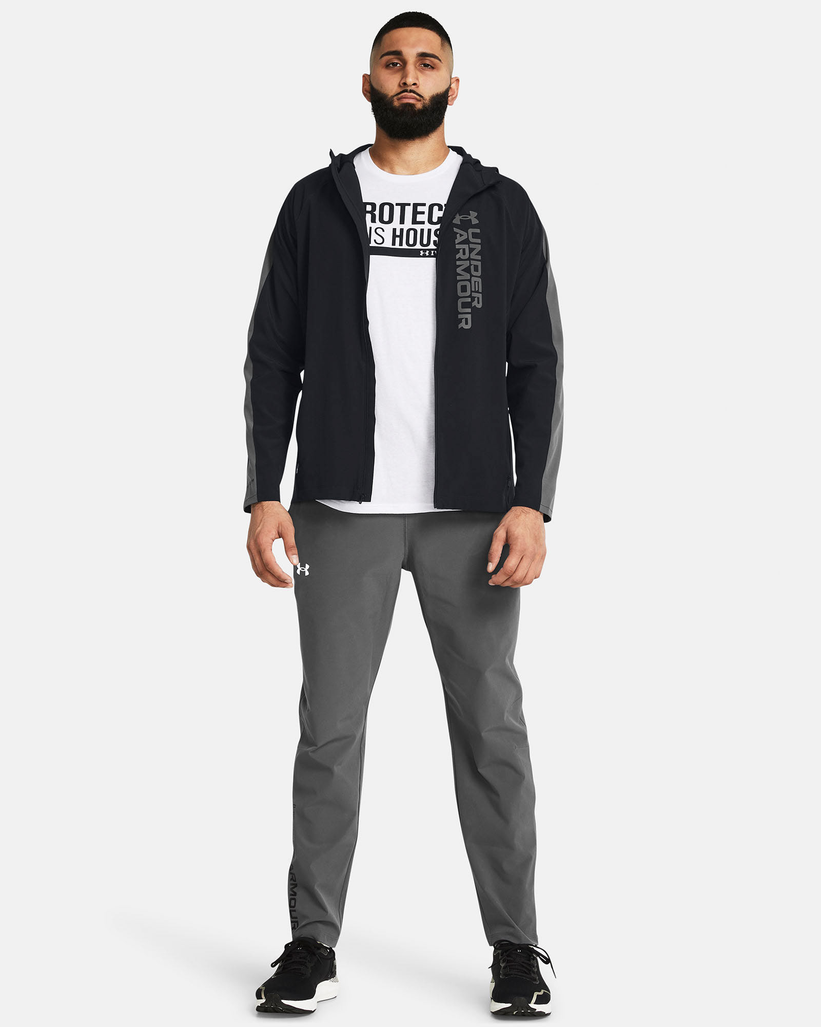 Muhammad Abbasi | Under Armour | Ecom Shoot | Black hoodie with “Protect This House” tee