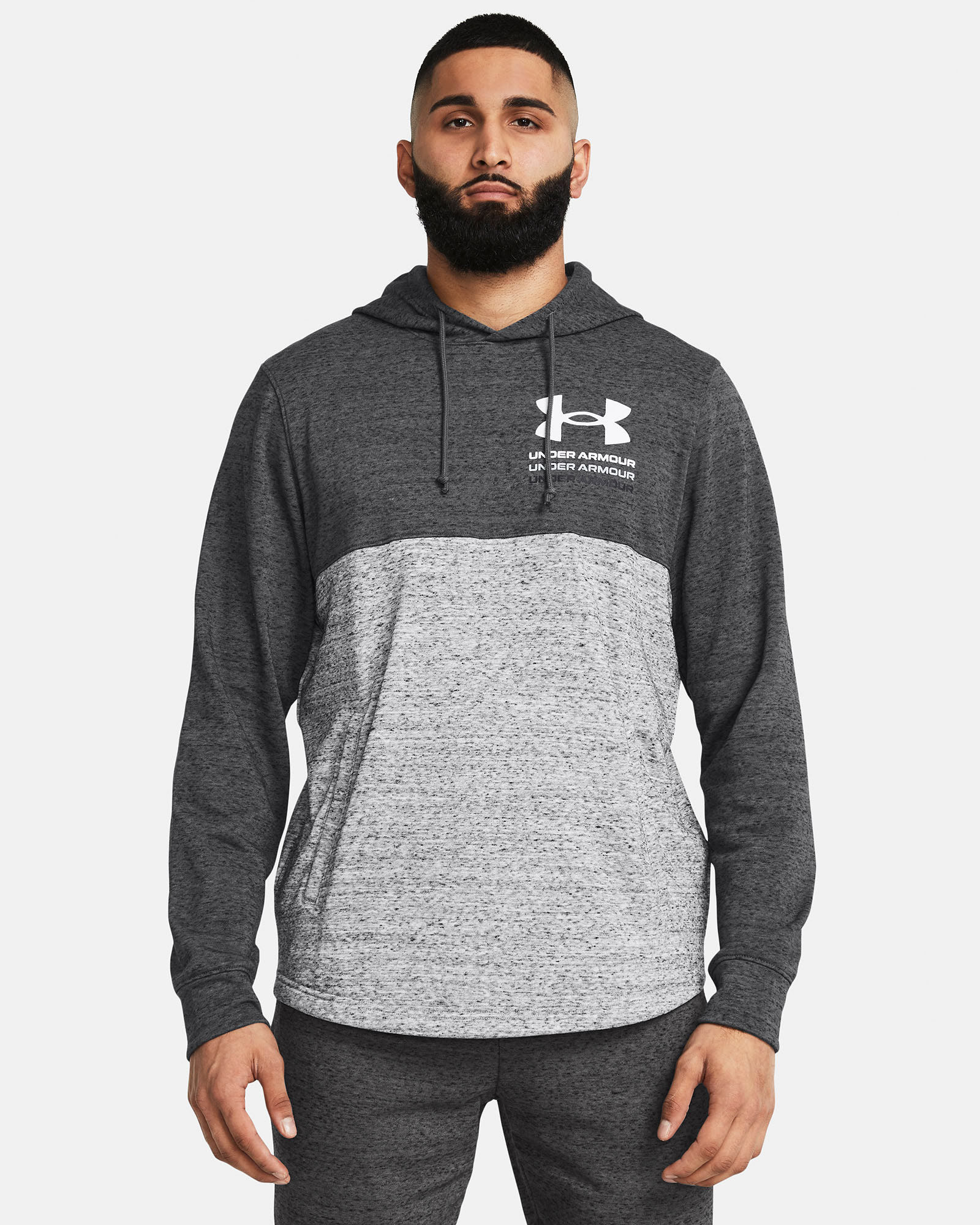 Muhammad Abbasi | Under Armour | Ecom Shoot | Grey and light grey colorblock hoodie