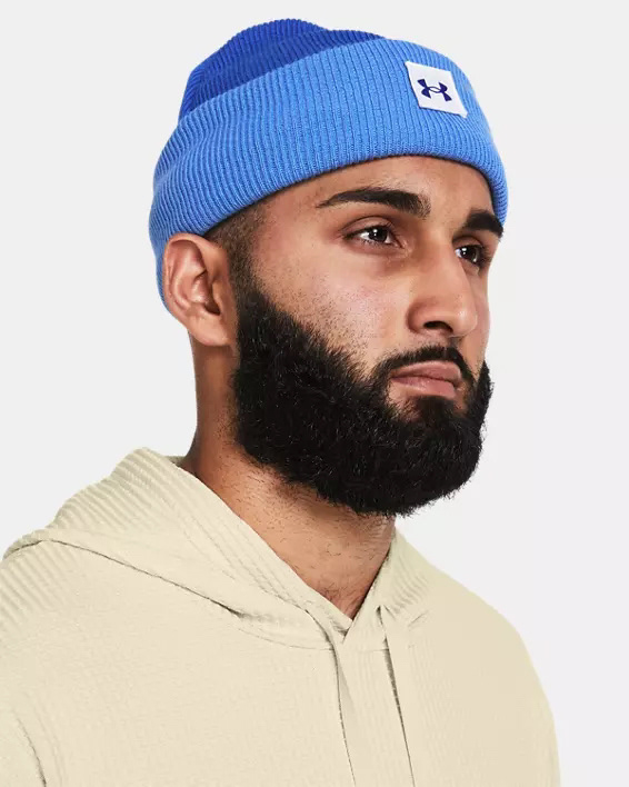 Muhammad Abbasi | Under Armour | Hats & Accessories | Blue beanie with UA logo, beige hoodie