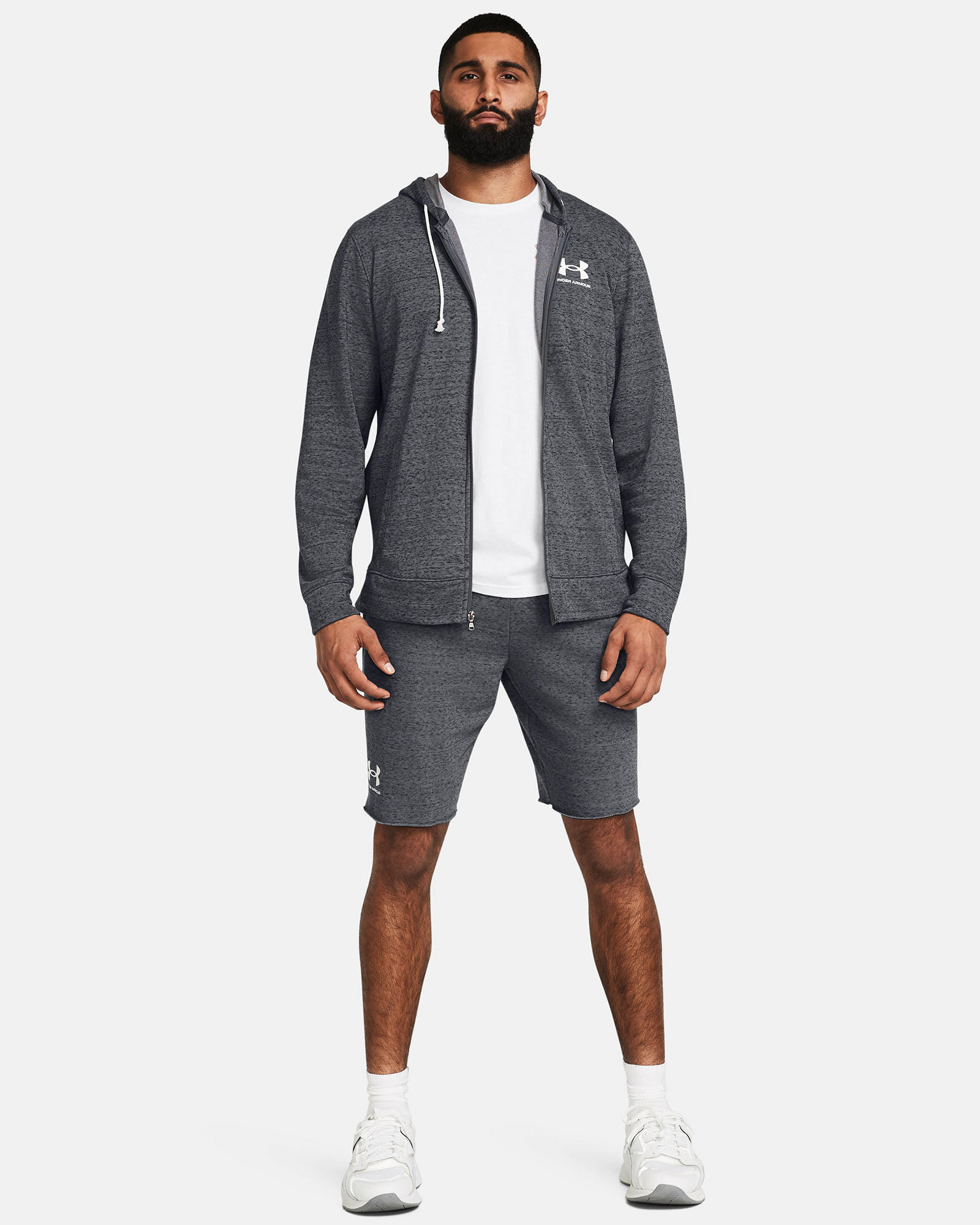 Muhammad Abbasi | Under Armour | Ecom Shoot | Grey zip-up hoodie with matching shorts
