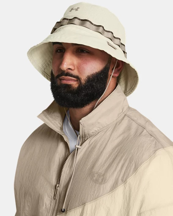 Muhammad Abbasi | Under Armour | Hats & Accessories | Beige bucket hat, beige windbreaker