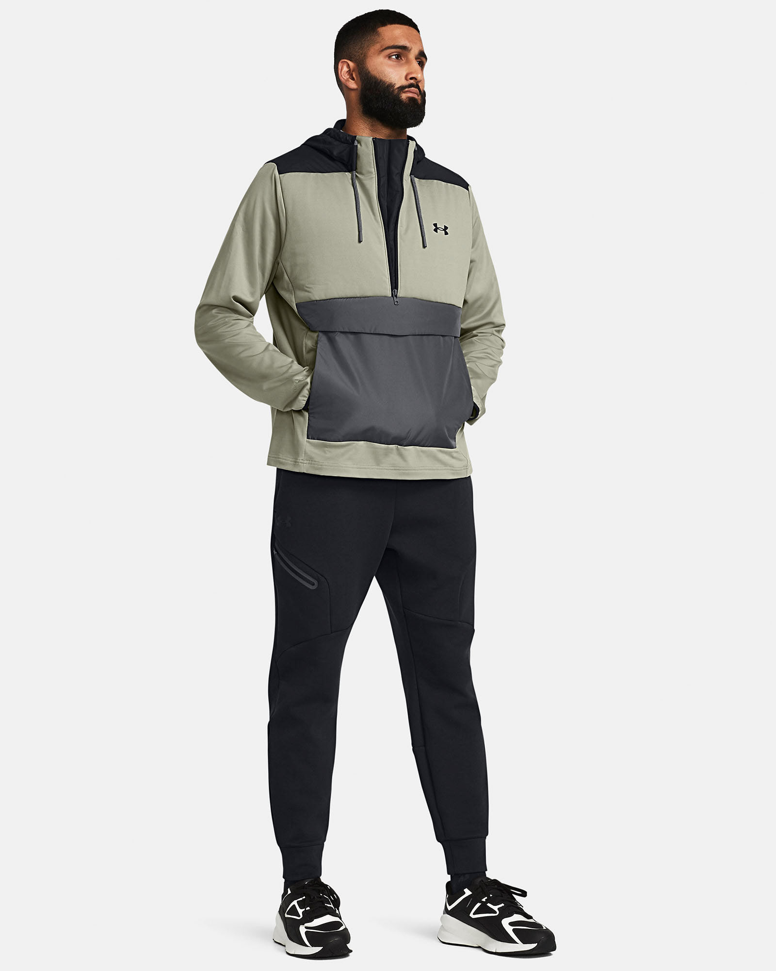 Muhammad Abbasi | Under Armour | Ecom Shoot | Olive and grey half-zip pullover with black joggers
