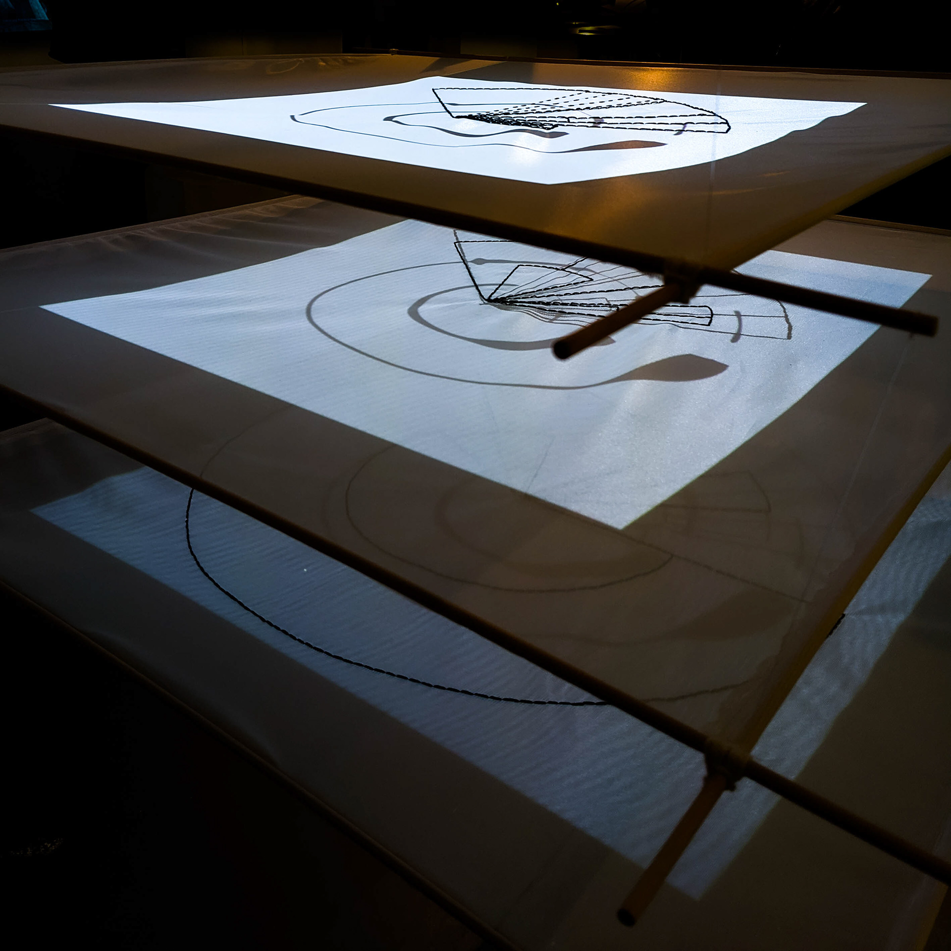 Data visualization projected onto three sheer fabric panels. Credit: Riwaj Shrestha