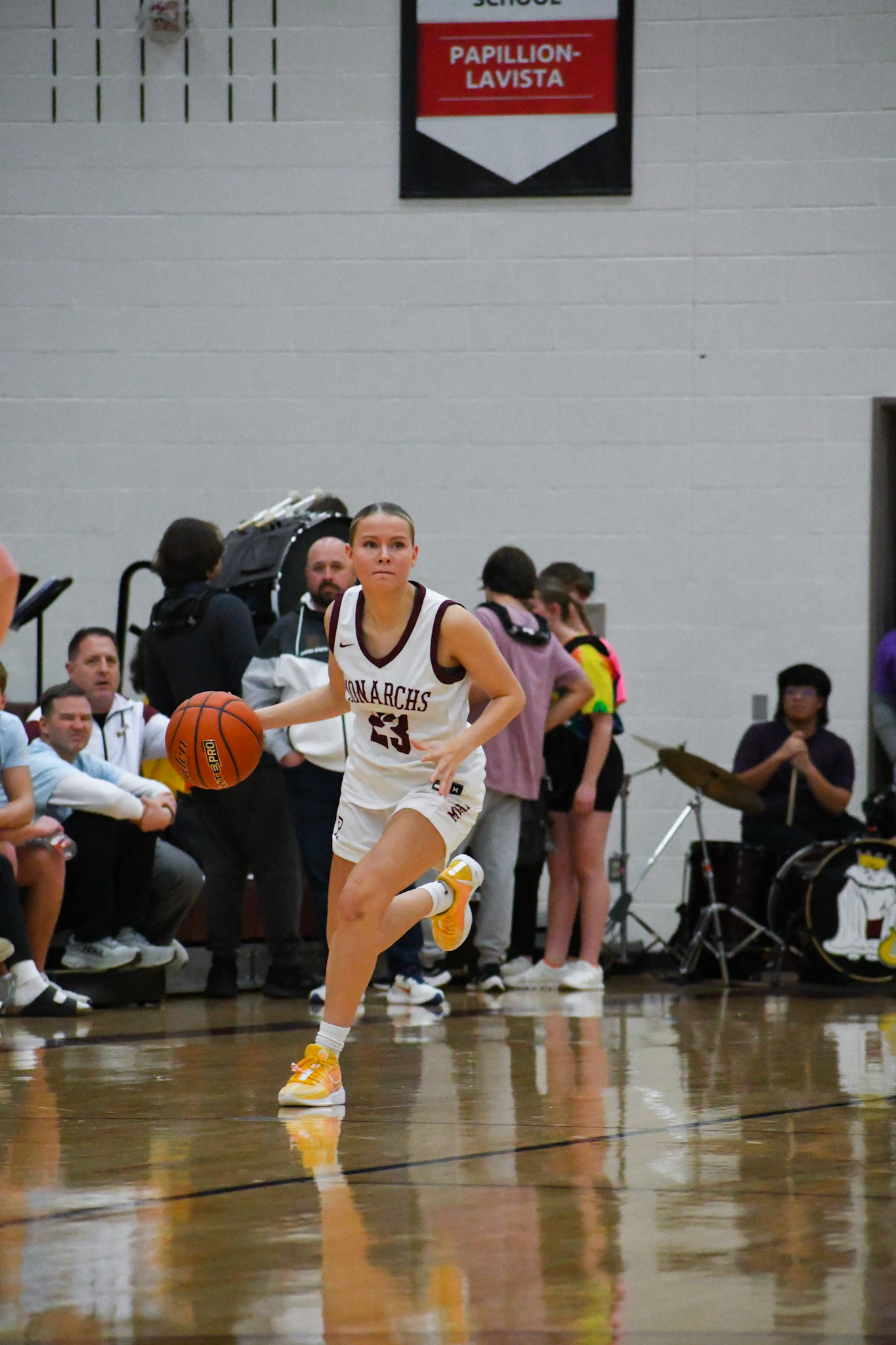Feb 2024: Dru Zoucha runs the ball up the court during their matchup against Millard West on Feb. 3, 2024.