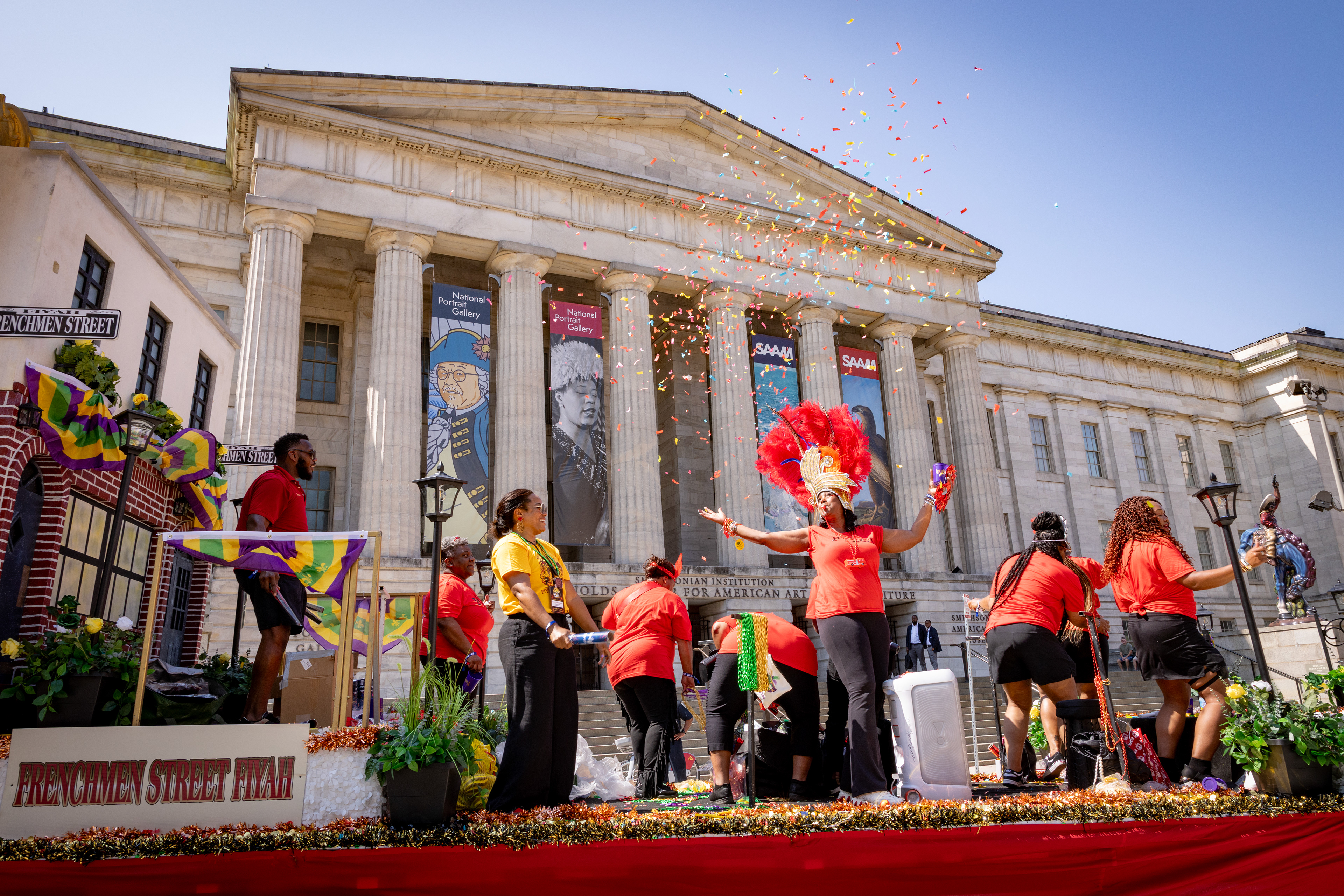 The ‘Frenchmen Street Fiyah’ float passes by the Smithsonian National Portrait Gallery during the Krewe of Pyros Mardi Gras parade on August 8, 2026 in Washington, D.C. (Photo by Tyler M. Andrews/The Washington Post)