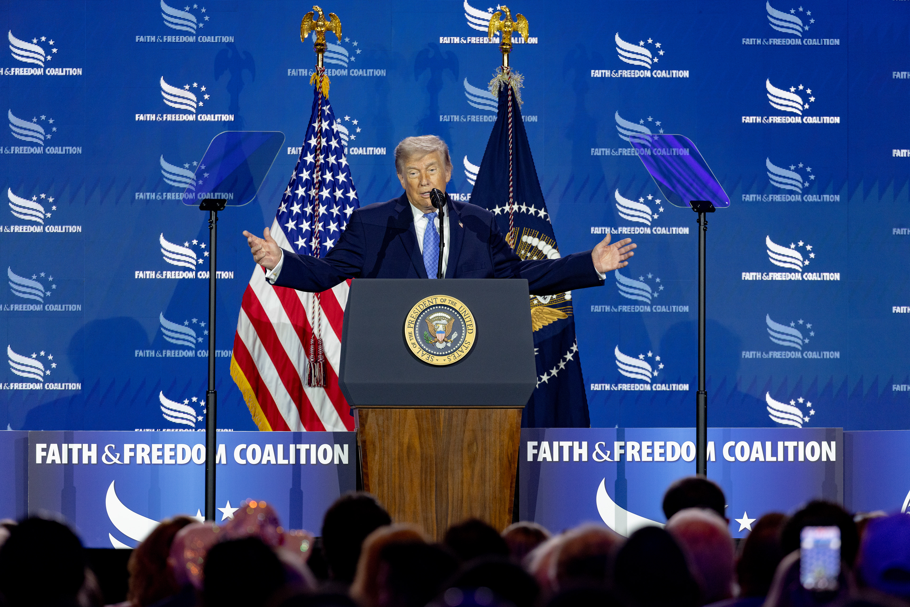 U.S. President Donald Trump speaks during the Faith and Freedom Coalition’s Road to Majority conference on June 26, 2026  in Washington, D.C. (Photo by Tyler M. Andrews/The Washington Post)