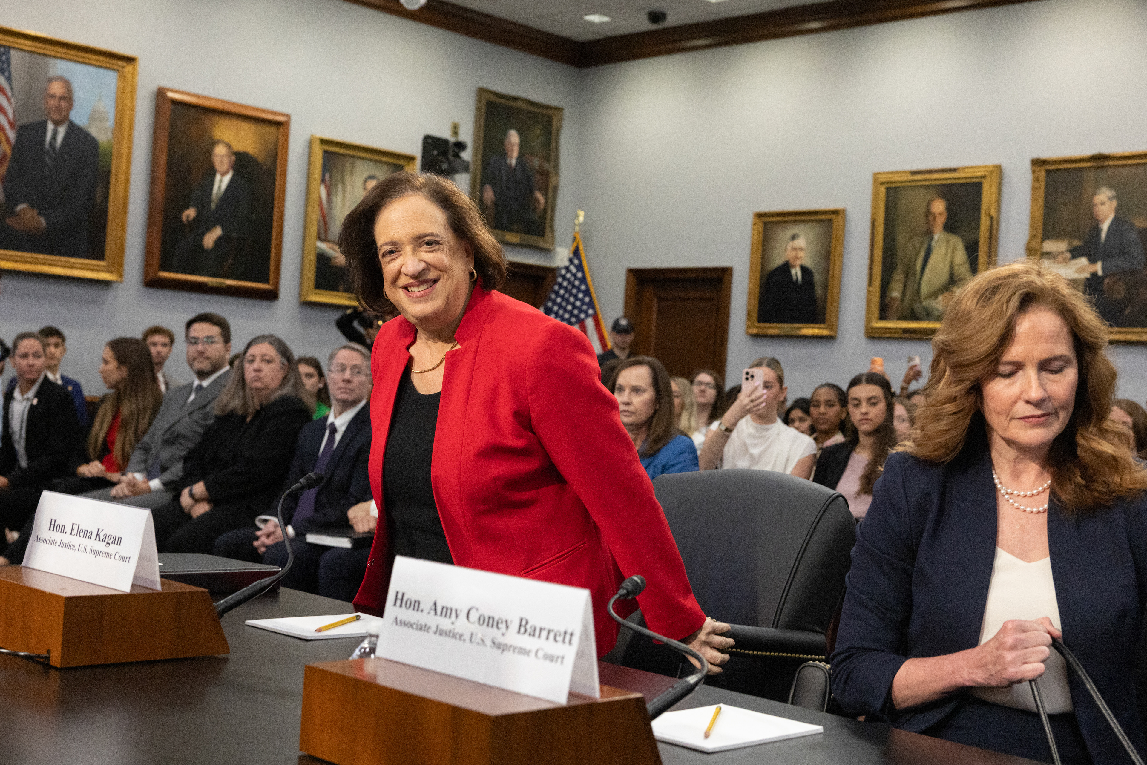 Hon. Elena Kagan, left, and Hon. Amy Coney Barrett, right, both associate justices of the U.S. Supreme Court, arrive to a House Appropriations Subcommittee at the Rayburn House Office Building on July 14, 2026 in Washington, D.C. (Photo by Tyler M. Andrews/The Washington Post)