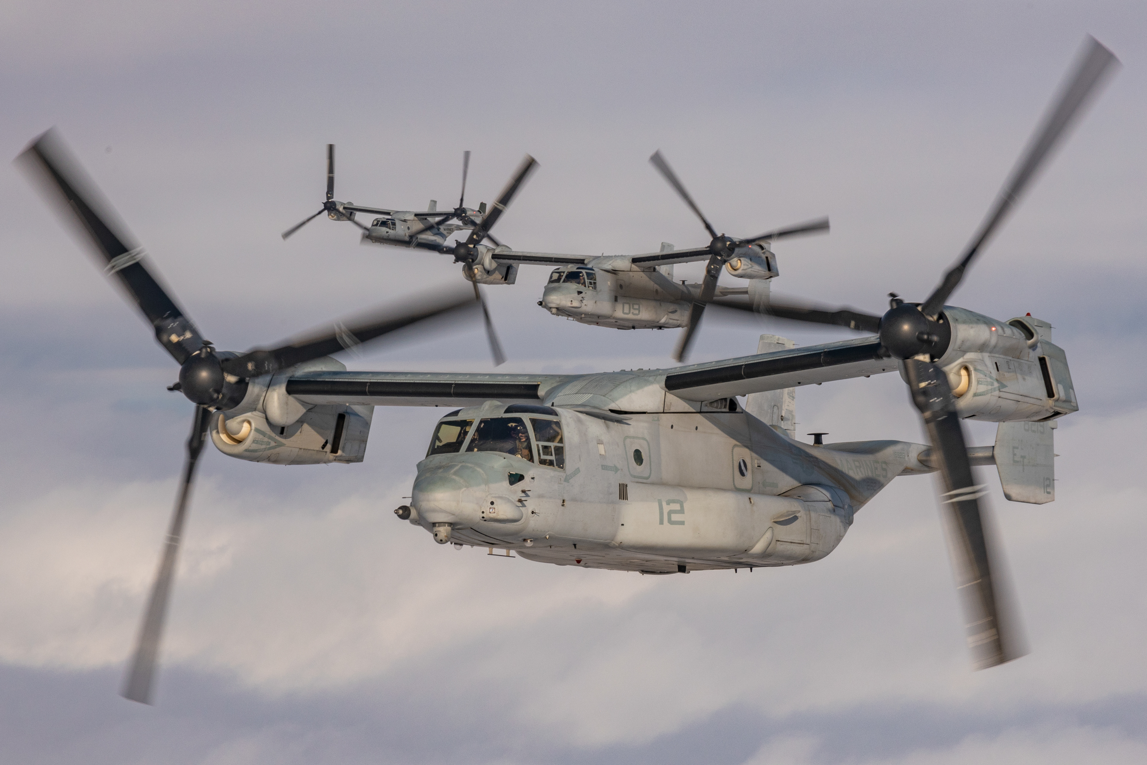 U.S. Marines with Marine Medium Tiltrotor Squadron (VMM) 262 (Rein.), 31st Marine Expeditionary Unit, transport aboard U.S. Marine Corps MV-22B Ospreys assigned to VMM-262 (Rein.) during Iron Fist 25 on Feb. 26, 2025 off the coast of Japan.