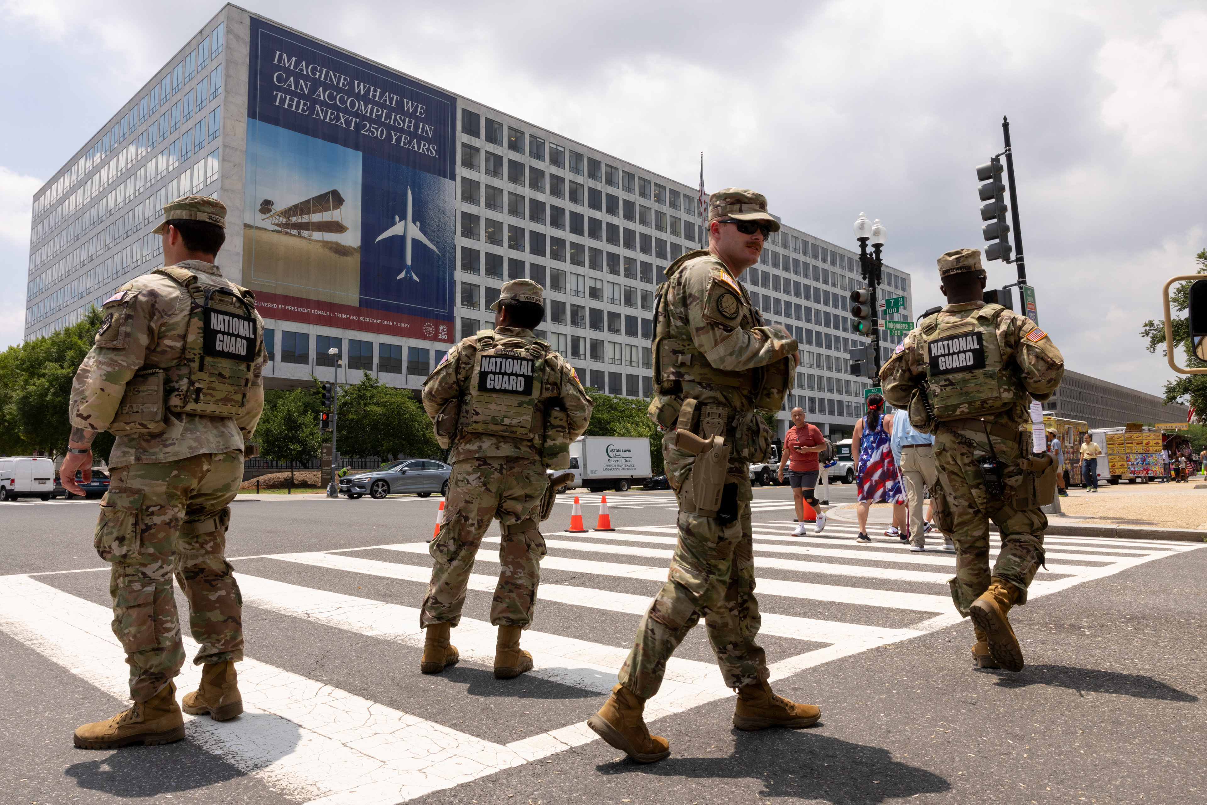 Members of the National Guard block off a street outside of the Great American State Fair at the National Mall on June 29, 2026 in Washington, D.C. (Photo by Tyler M. Andrews/The Washington Post)  