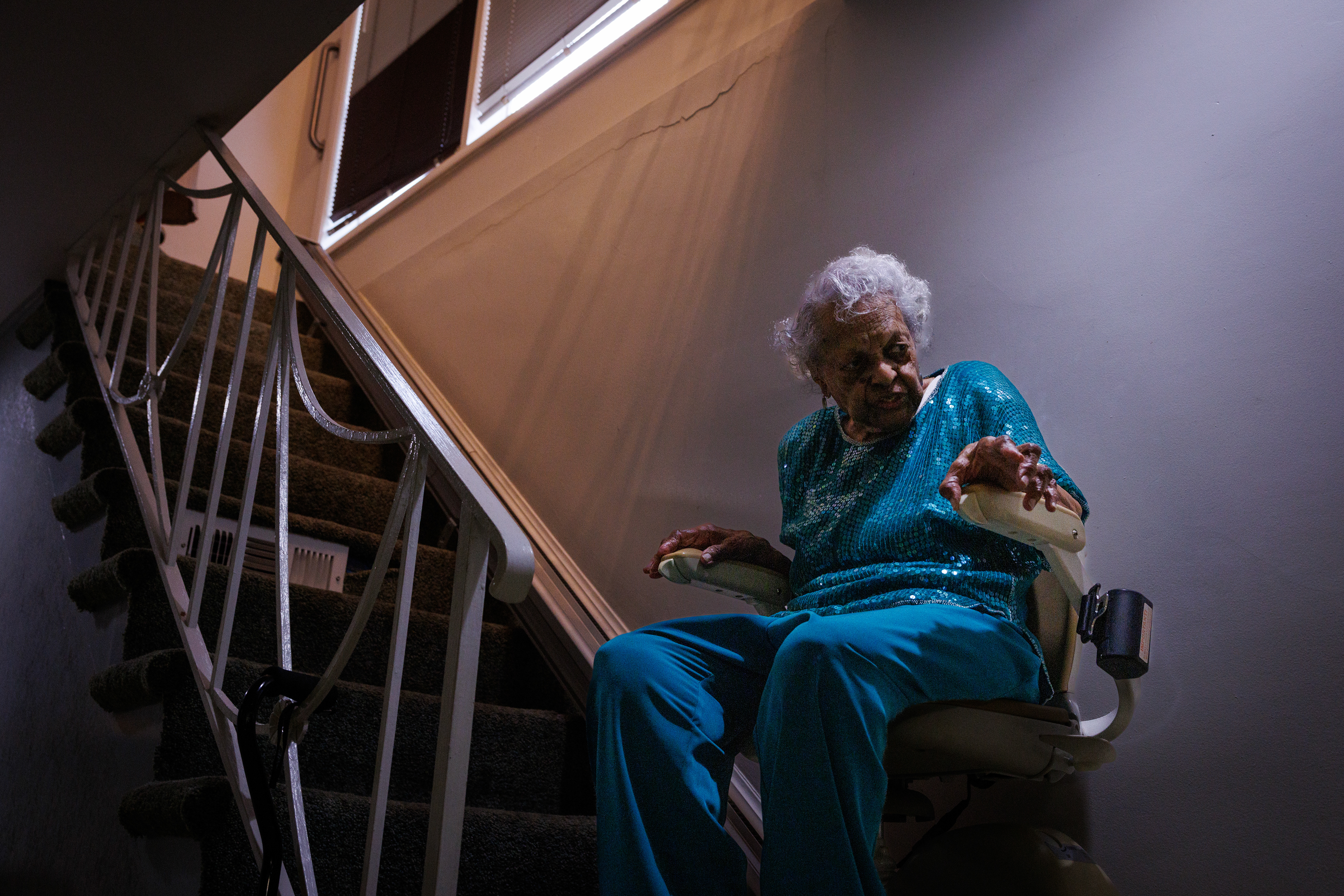 Dorothy Boggess, 109, uses a chair lift in her home on August 14, 2026 in Washington, DC. Boggess represents one of the approximately 30 remaining Rosie the Riveters. (Photo by Tyler M. Andrews/The Washington Post)