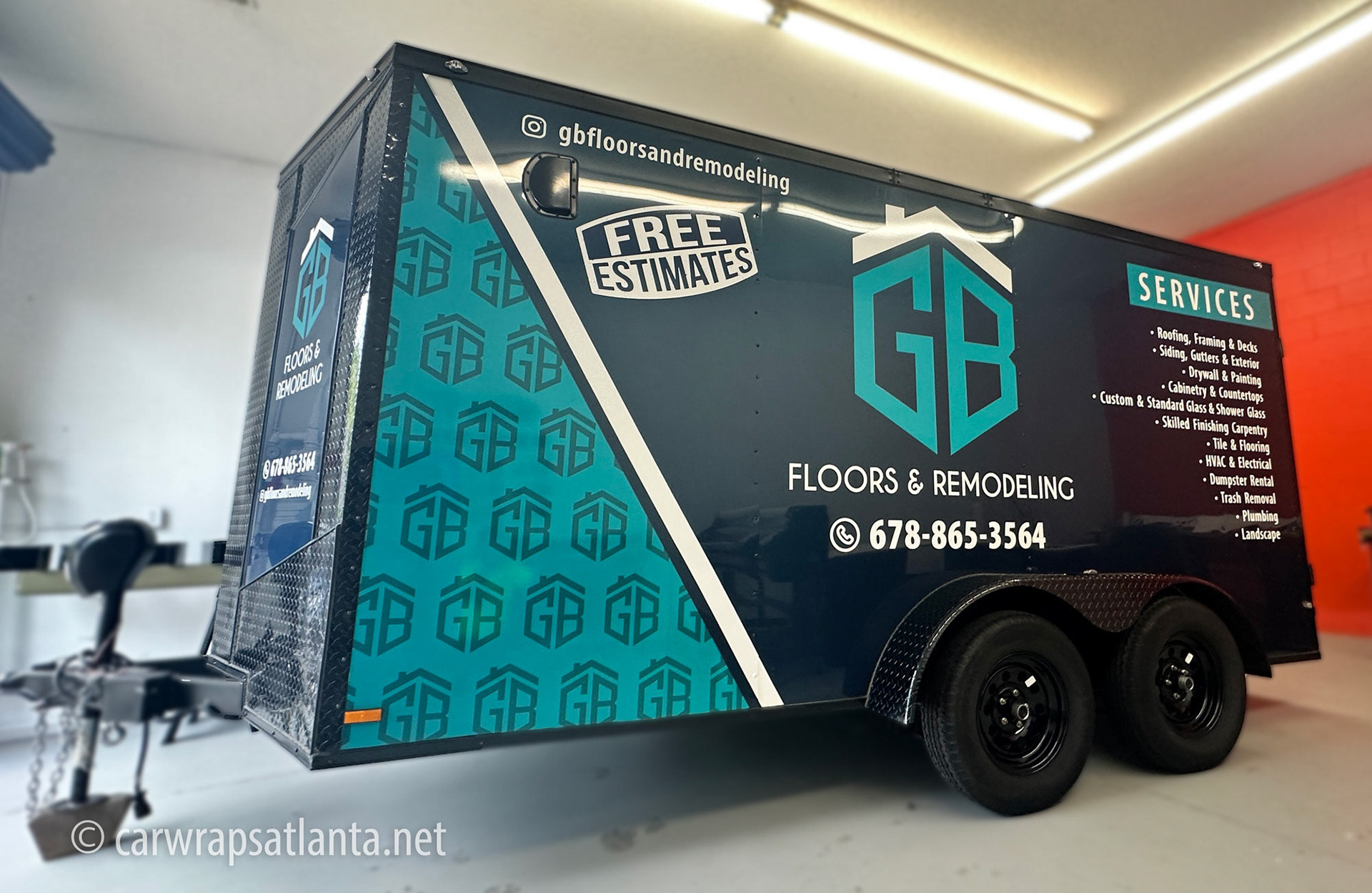 Full side view of the custom enclosed trailer wrap demonstrating large-scale mobile advertising in Atlanta.