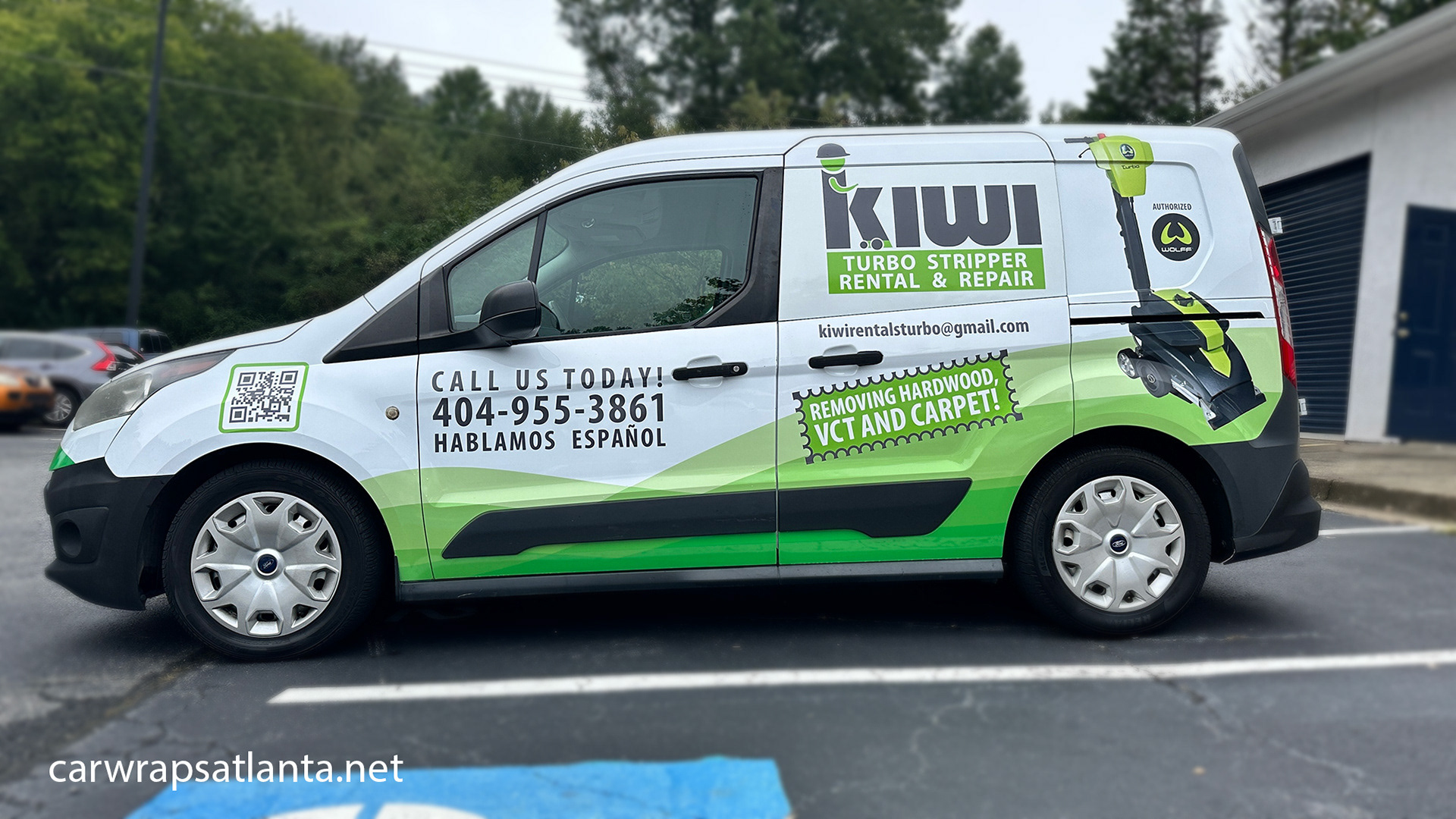 Partial vehicle wrap installation on a Ford Transit Connect for Kiwi Turbo Stripper Rental in Marietta, GA.