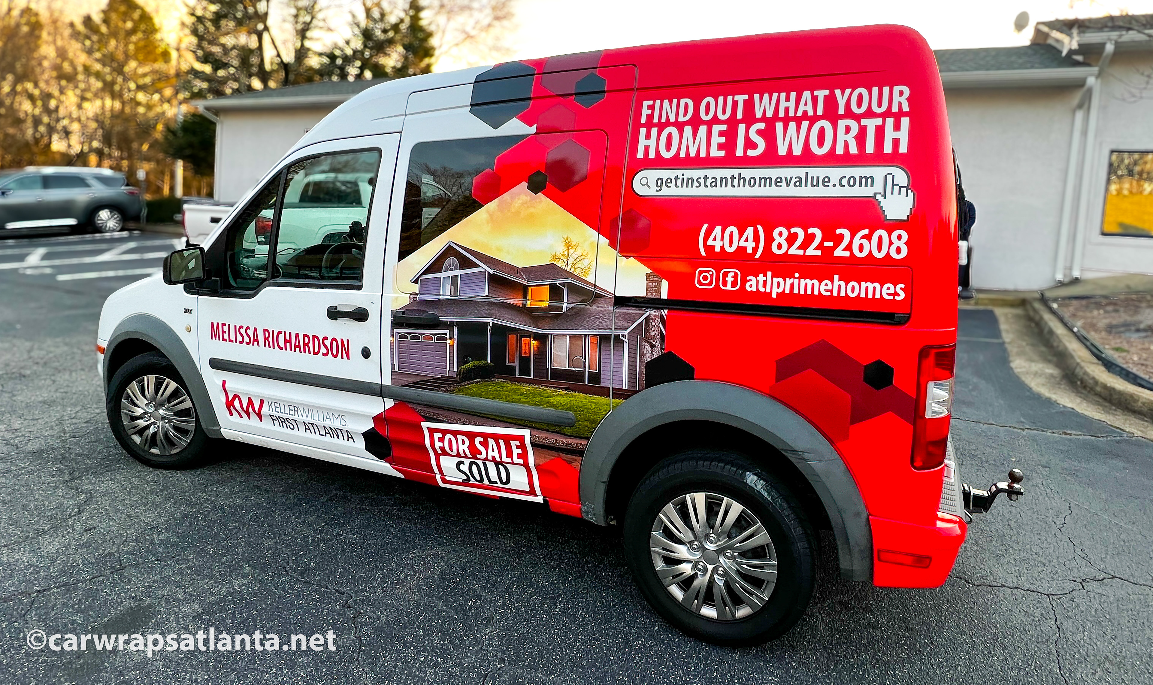Close-up of the realtor's branding and professional photo integrated into the Ford Transit Connect partial wrap.