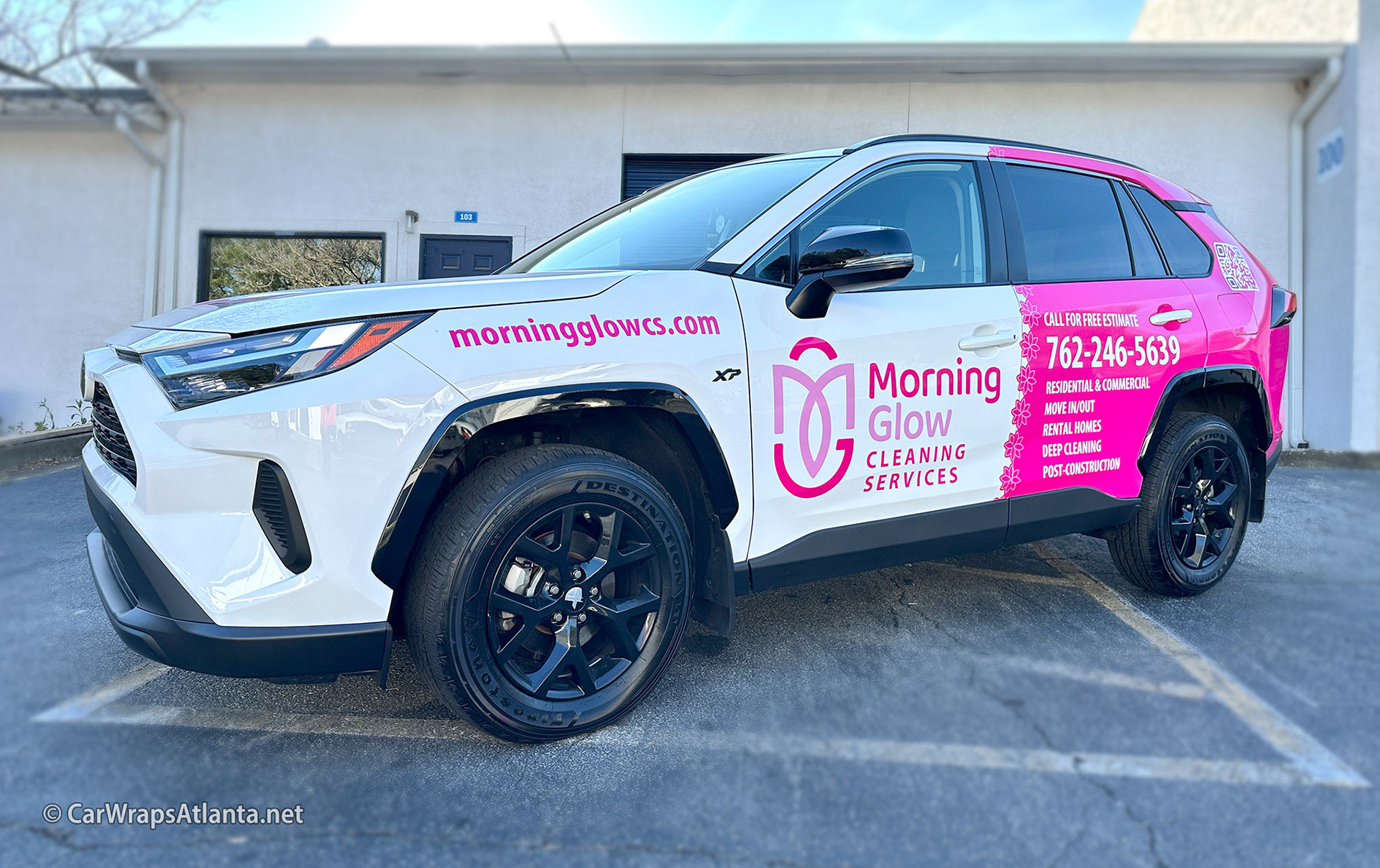 Toyota RAV4 partial wrap promoting cleaning services in a residential area of Atlanta.