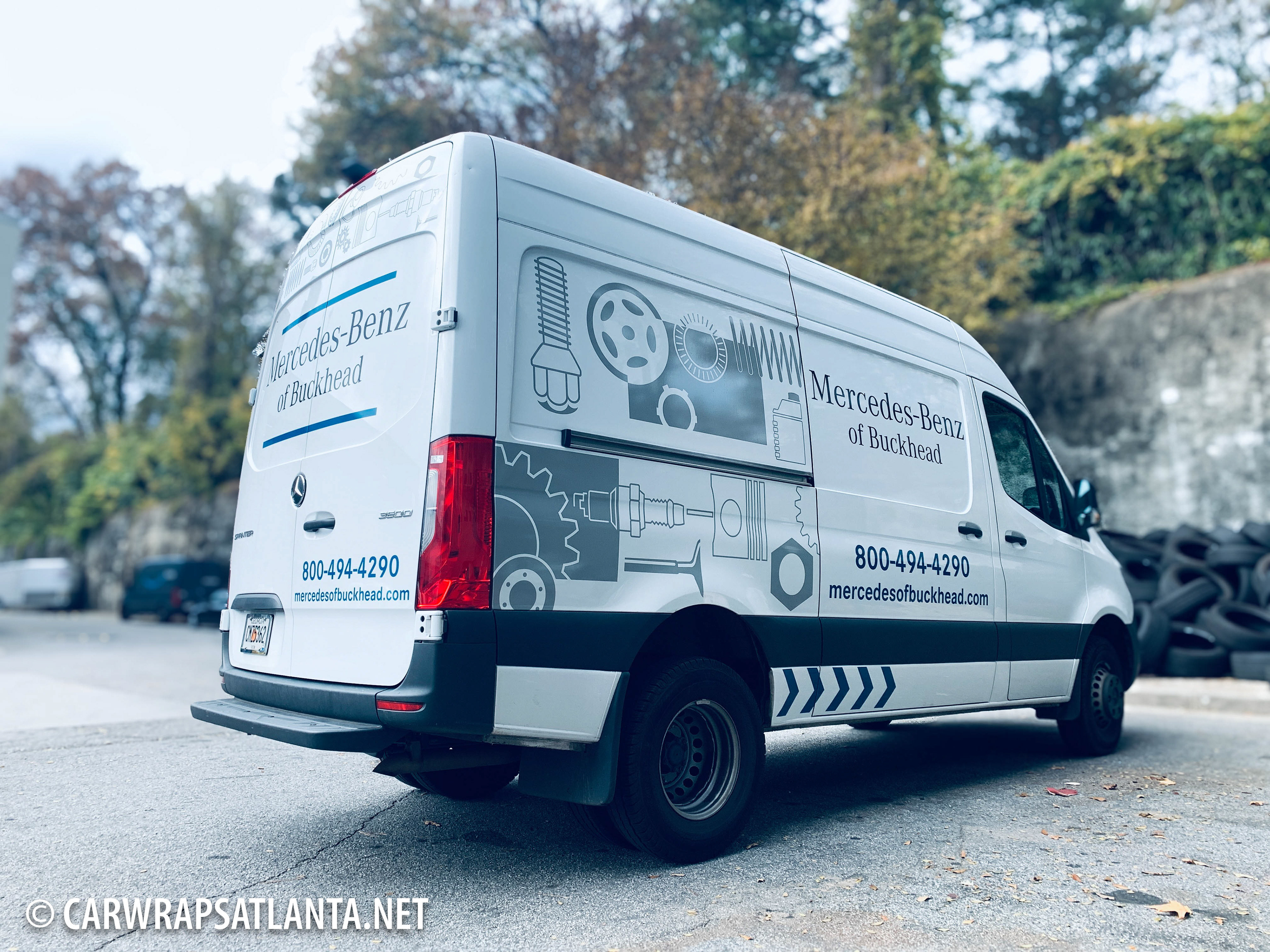 Close-up of high-quality, durable vinyl on the partial Mercedes-Benz Sprinter van wrap.