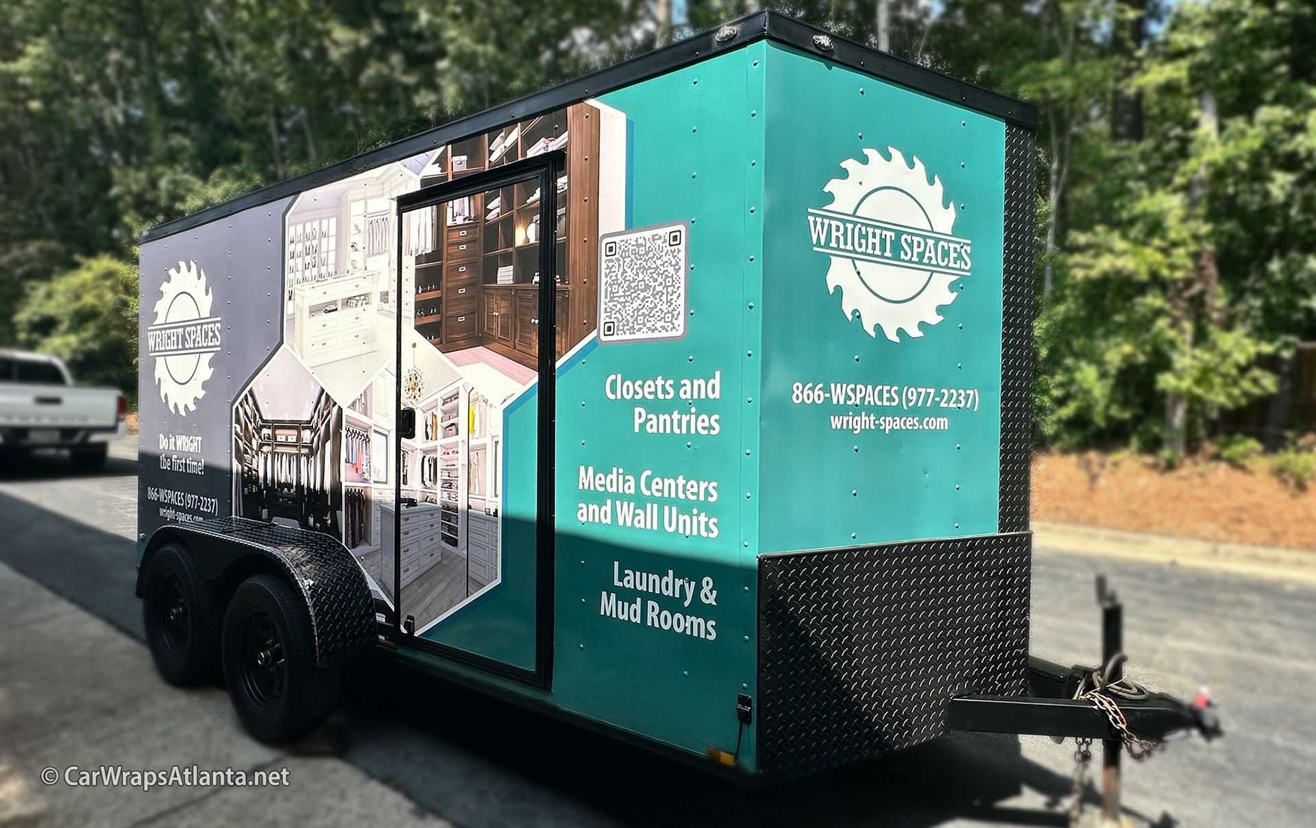 Full commercial wrap on a trailer for Wright Spaces Custom Closets and Home Renovation in Atlanta.