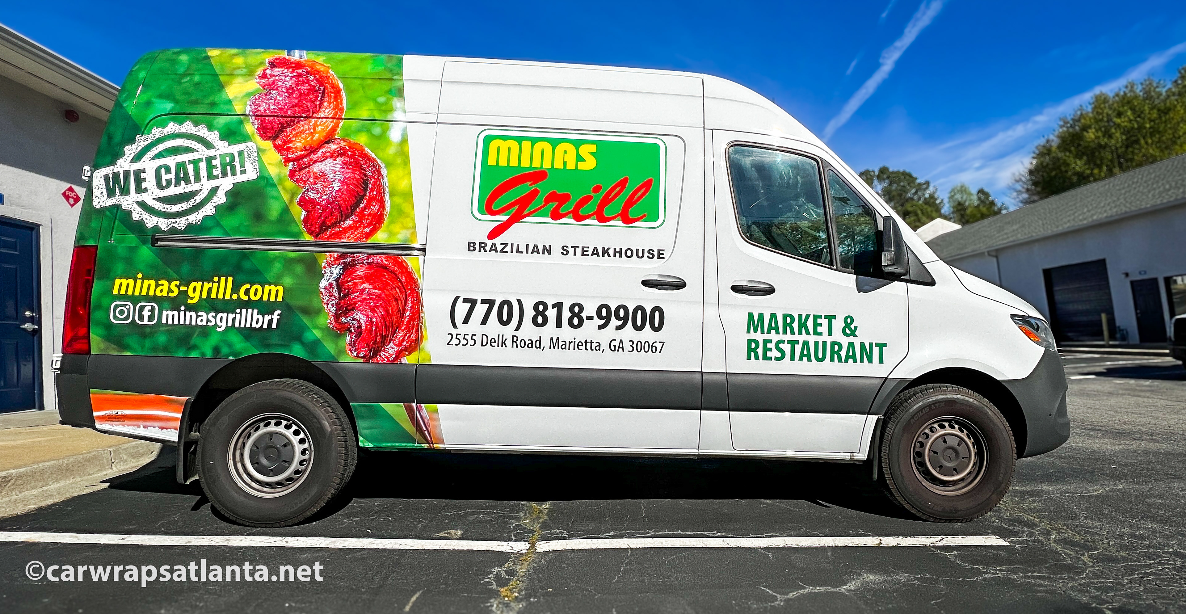Hero image: Custom partial wrap on a Mercedes-Benz Sprinter Van for a restaurant and market in Marietta, GA.