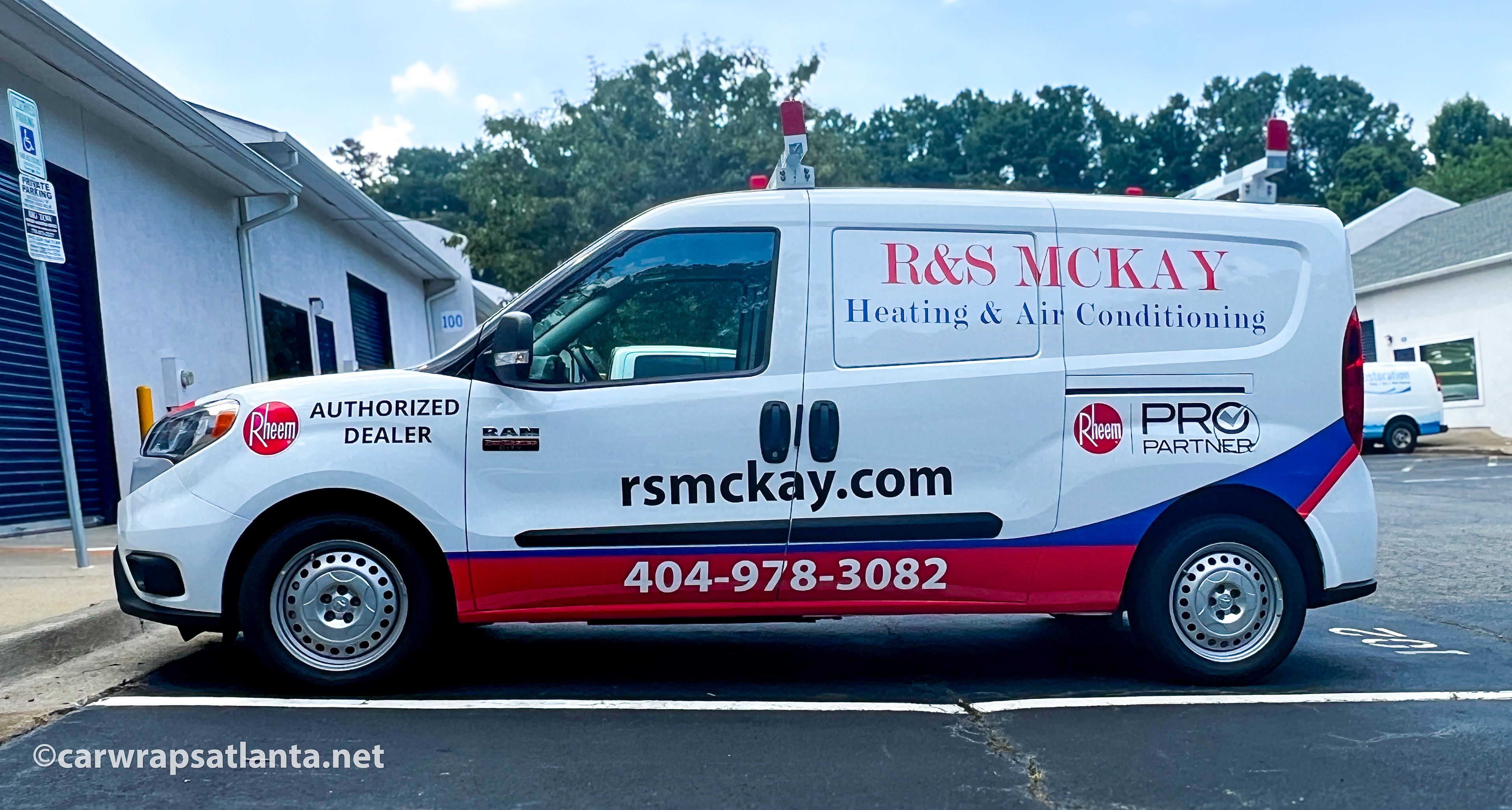 Hero image: As part of our mission to be the best and most recognizable commercial wrapping company in Atlanta, we executed a custom spot graphics project on a Ram ProMaster for a leading Heating and Cooling Company. This cost-effective solution provides maximum exposure for their services across Lawrenceville and throughout Gwinnett County, GA.