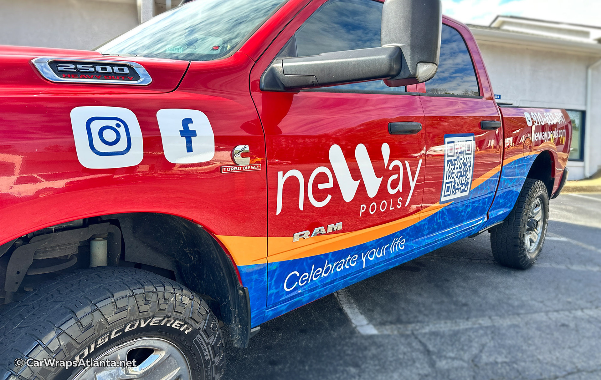 Pool builder's work vehicle with a durable and weather-resistant partial vehicle wrap in North Carolina.