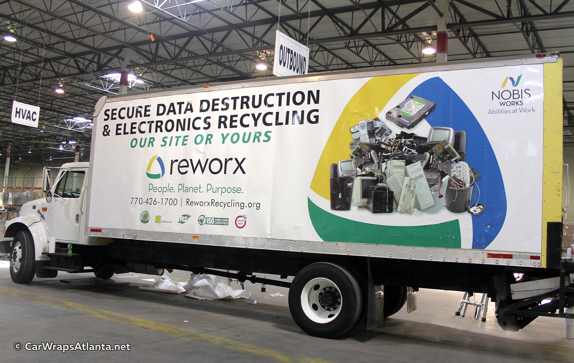 Full commercial wrap on a box truck for Nobis Works / Reworx recycling services in Atlanta.