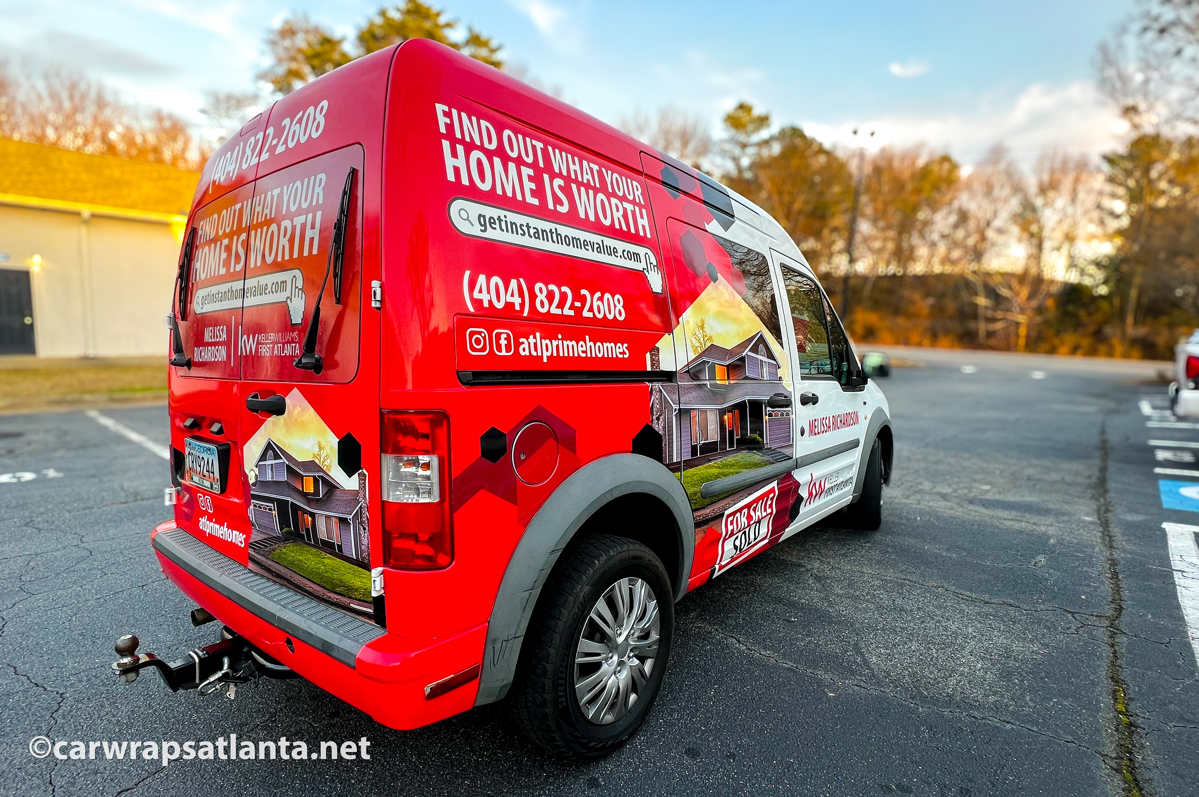 Full side view of the Ford Transit Connect partial wrap demonstrating professional real estate marketing.