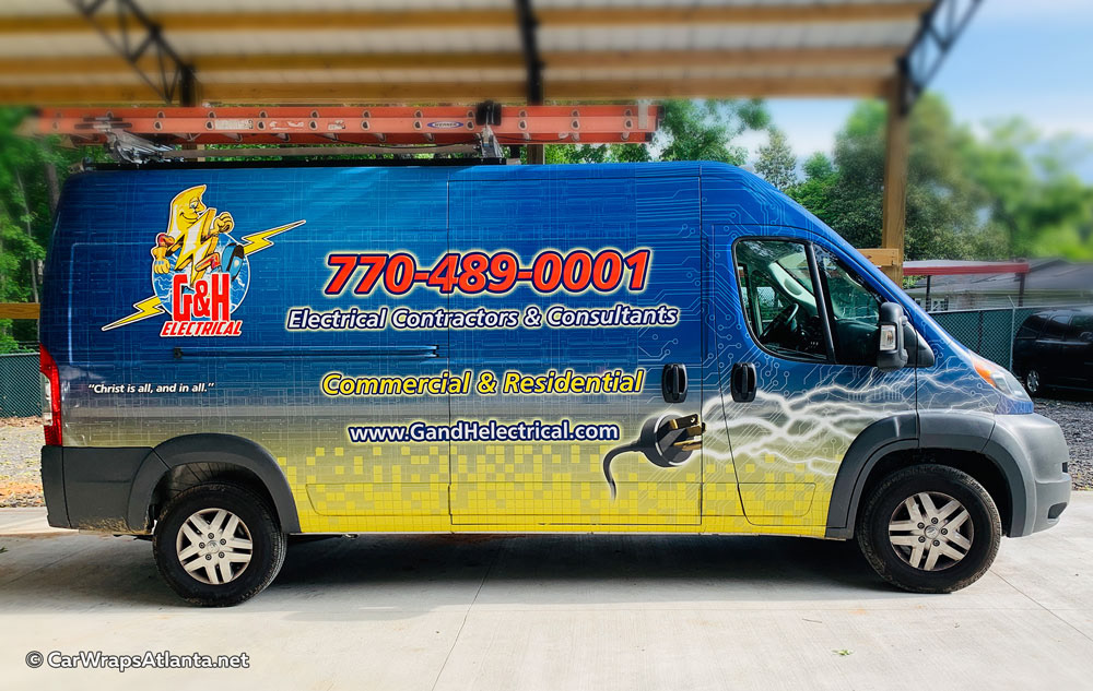 Full commercial wrap on a Dodge Van for G&H Electrical in Douglasville, GA.