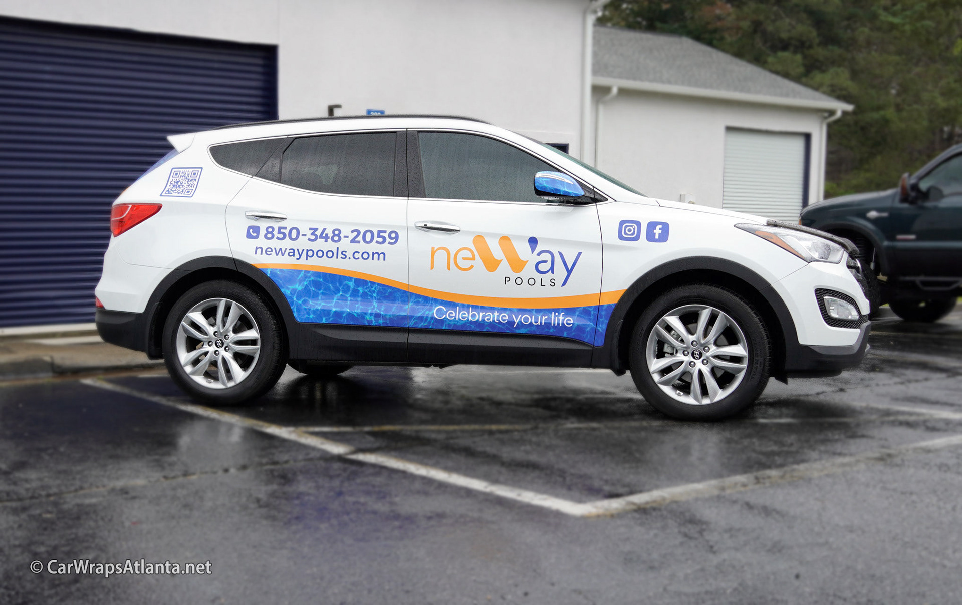 Stunning partial wrap on a Hyundai Santa Fe SUV for Neway Pools, installed by Atlanta experts.