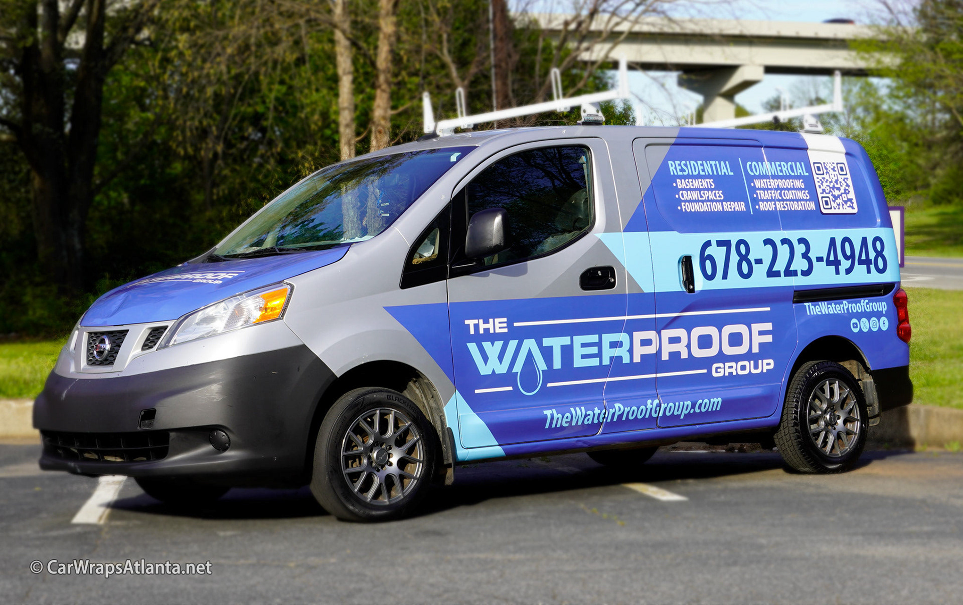 Hero image: Custom partial vehicle wrap on a Nissan NV200 van for The Waterproof Group in Atlanta.