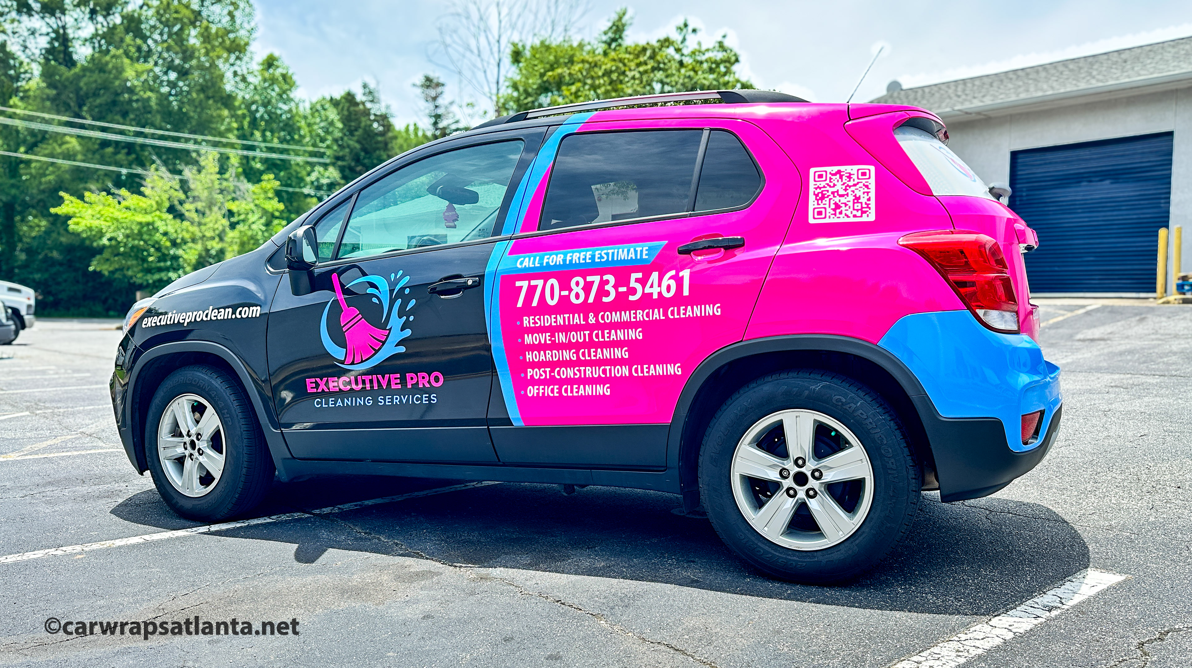 Hero image: Custom partial vehicle wrap on a Chevrolet Trax SUV for an Atlanta cleaning service company.