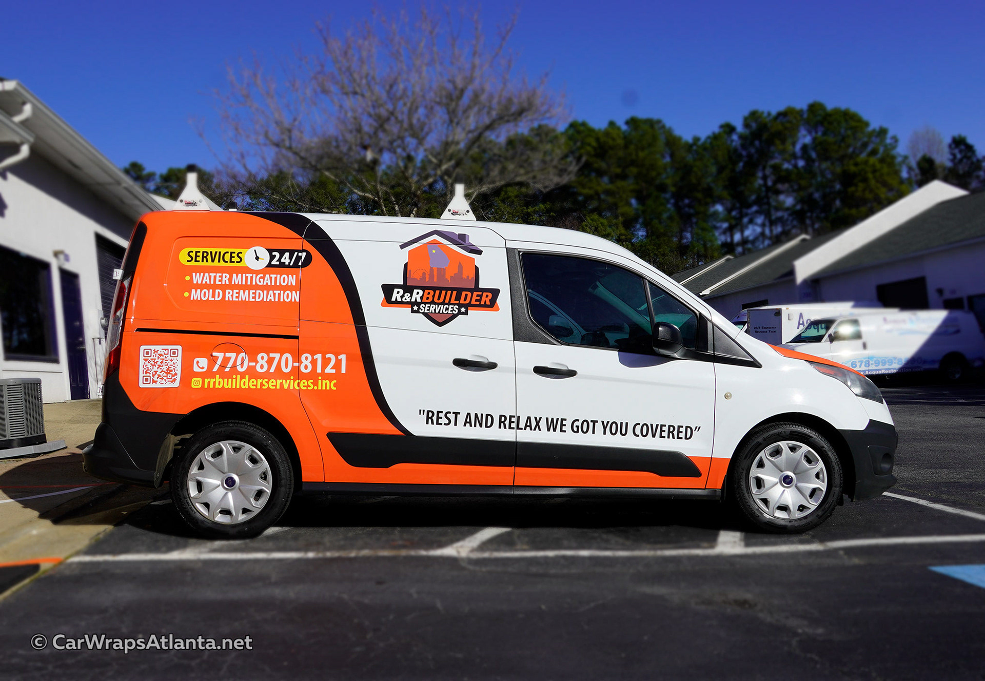 Stunning partial vehicle wrap on a Ford Transit Connect for R & R Builder Services in Lawrenceville, GA.