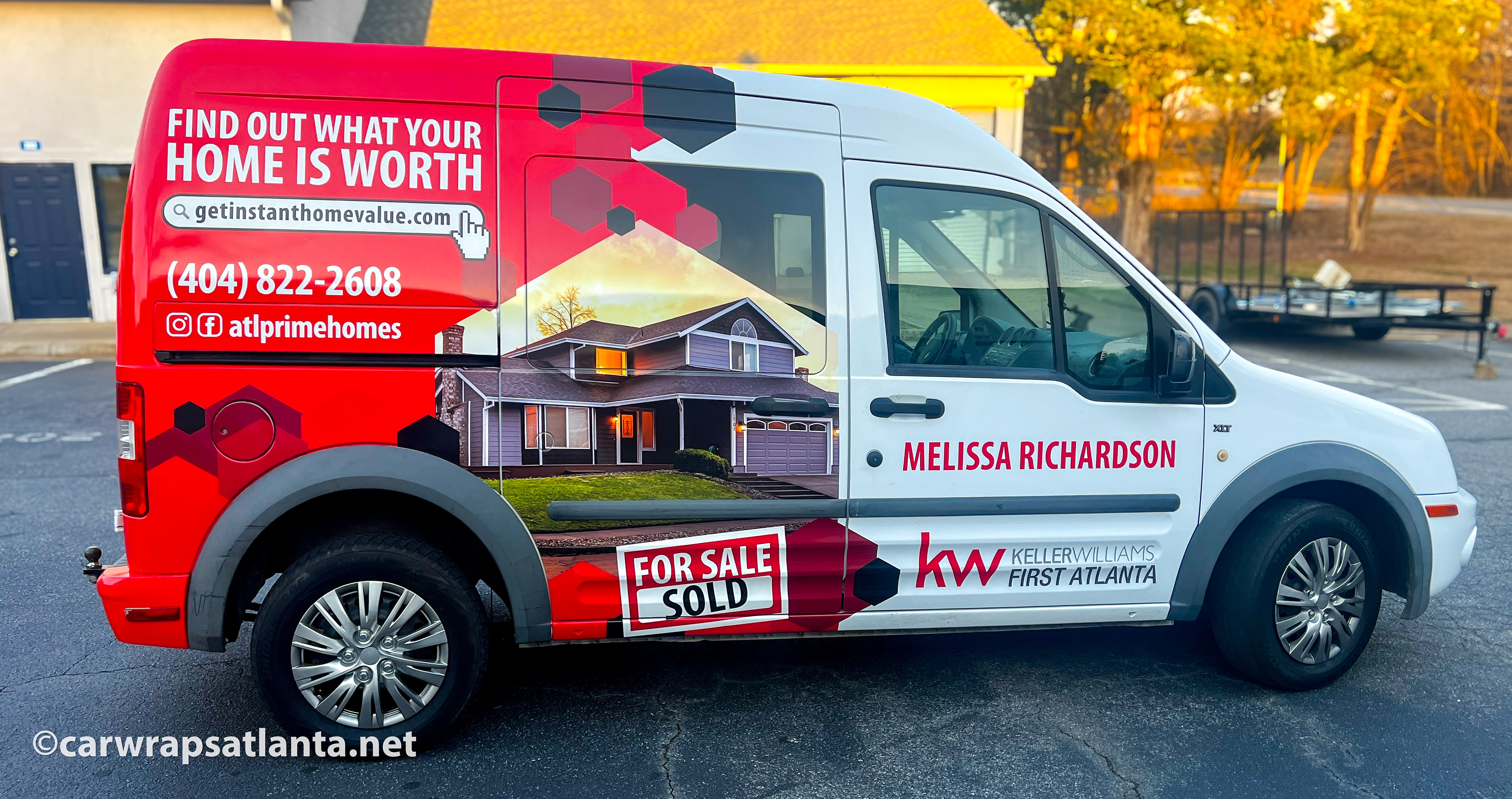 Hero image: Custom partial wrap on a Ford Transit Connect van for a realtor's fleet in Atlanta, GA.